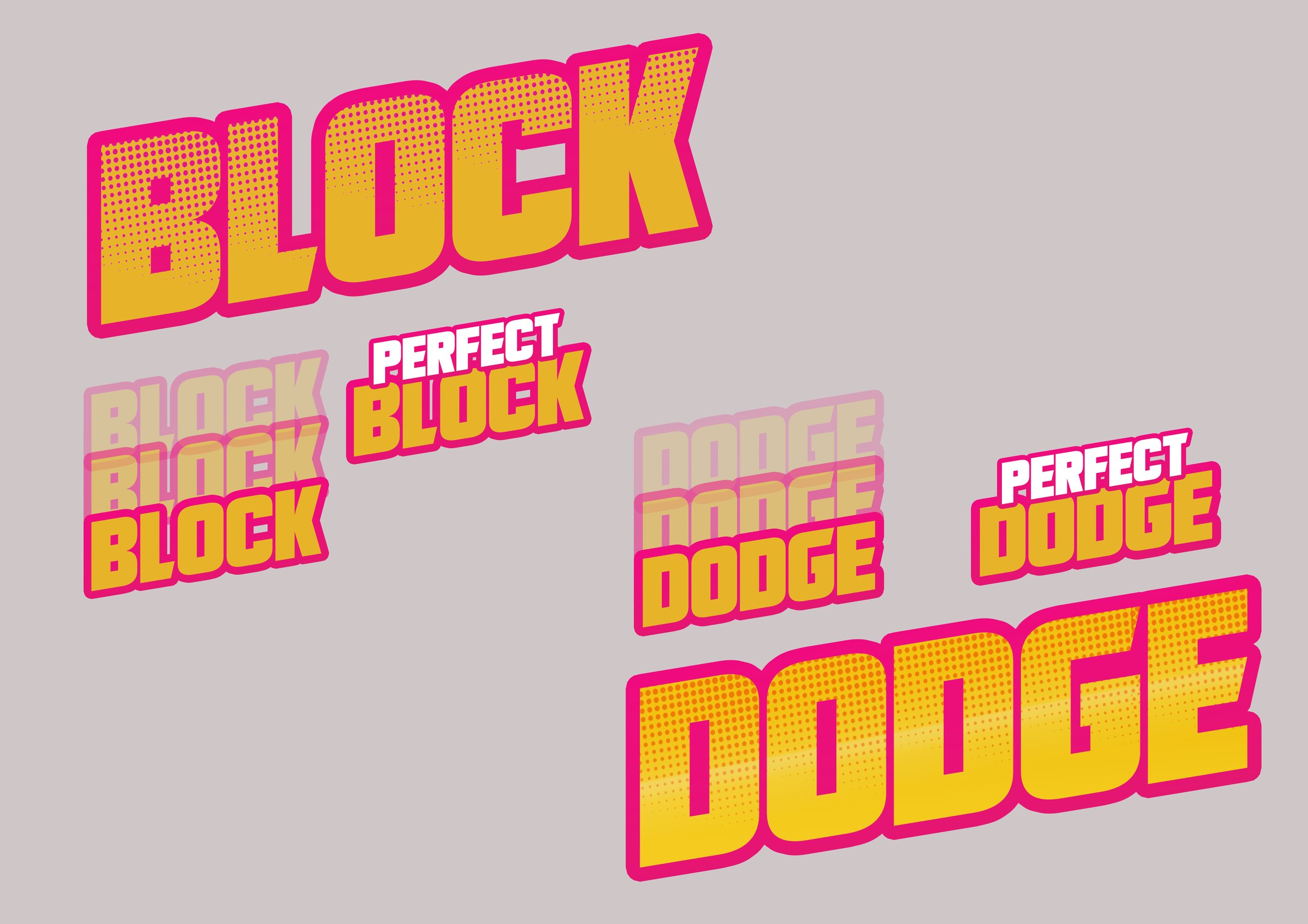 Colorful text that reads "Block Perfect Dodge" in pink, yellow, and white with a dotted pattern background.