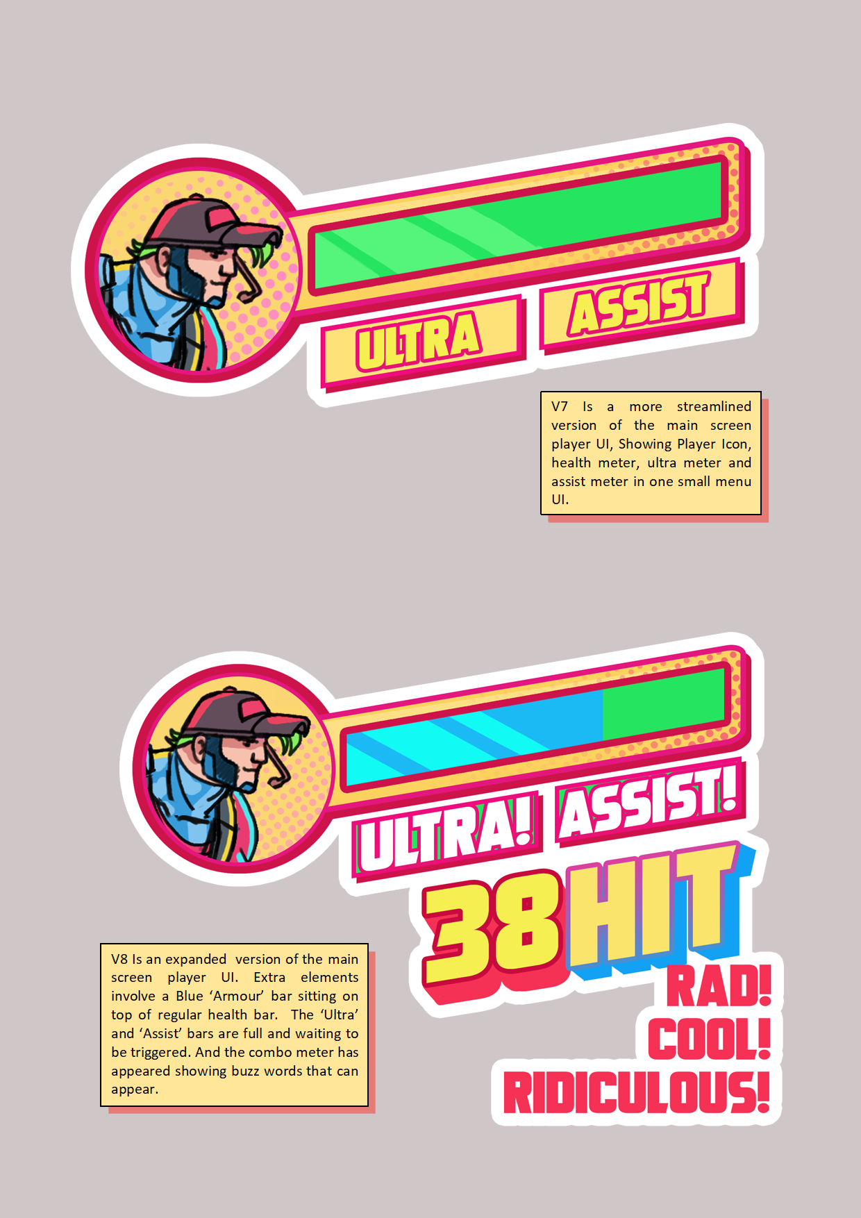 Colorful digital game UI with a cartoon man in a hat and beard, health meter, ultra meter, assist meter, and buzz words. The UI shows exaggerated buzzwords like "ULTRA! ASSIST! 38 HIT! RAD! COOL! RIDICULOUS!" and descriptive notes on version updates 