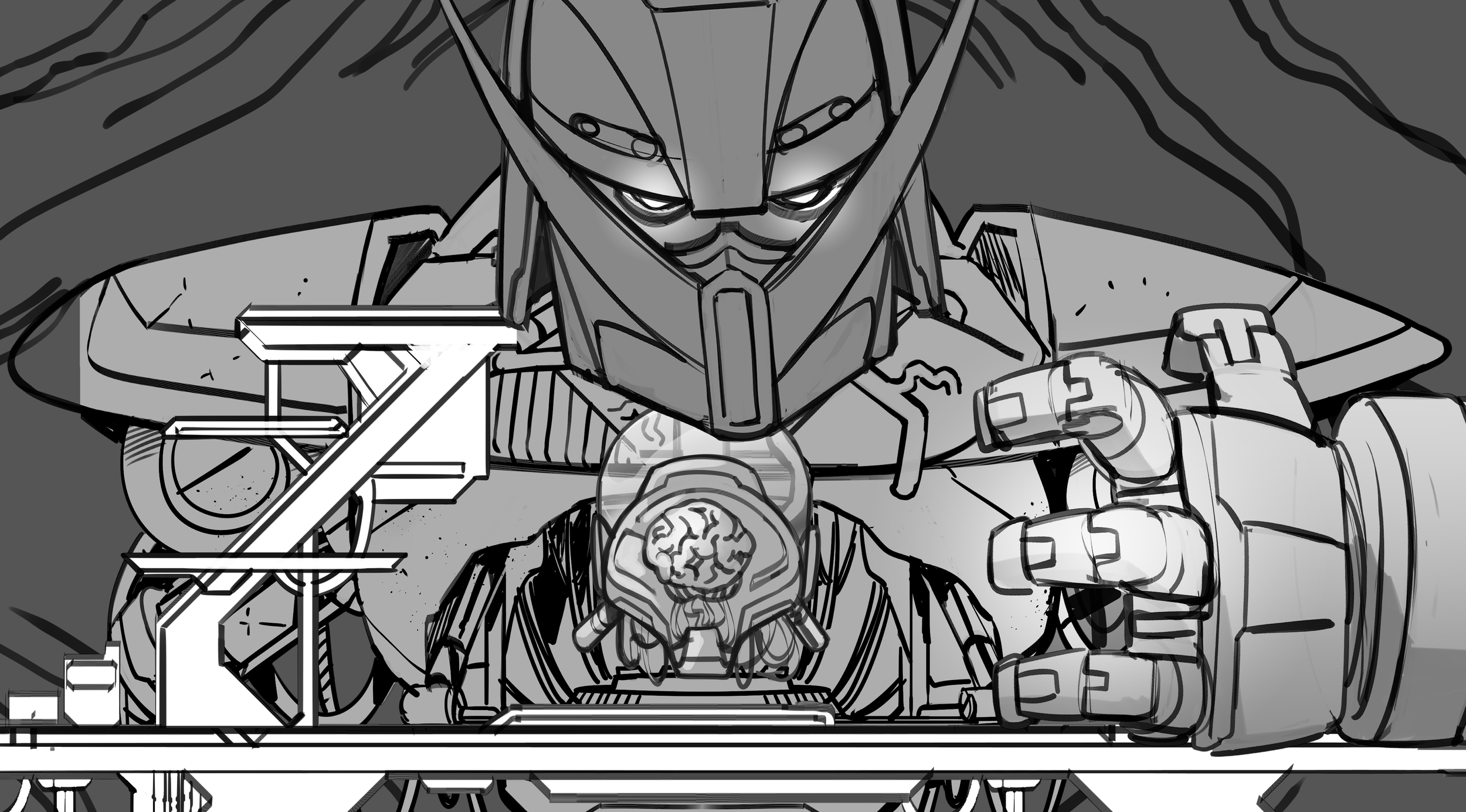 A detailed black and white illustration of a robotic or armored figure with a helmet-like head, looking downward at a brain-shaped object in a transparent container, with mechanical and technological components surrounding the scene.