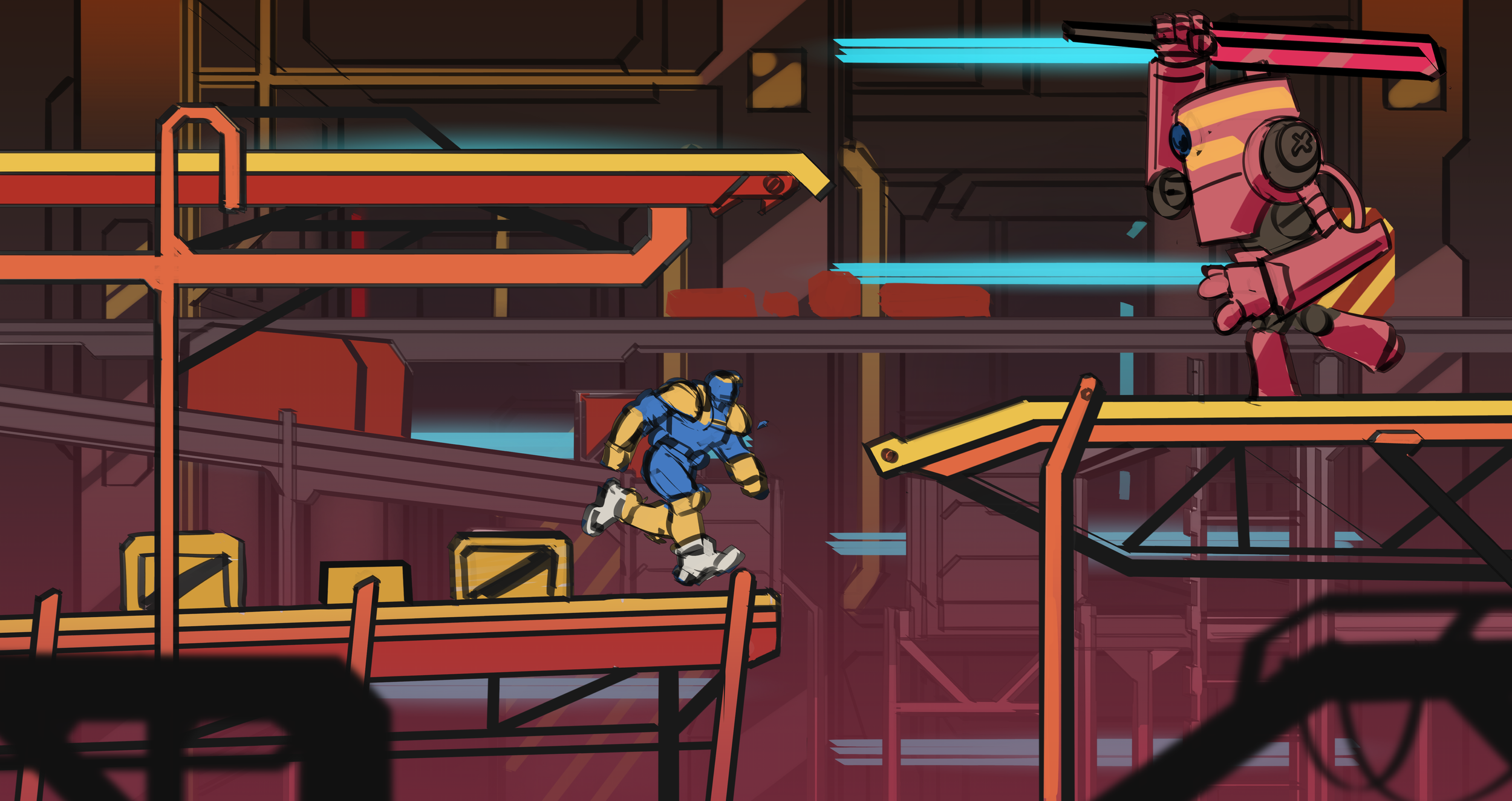 A cartoon-style futuristic scene with two armored characters in yellow and blue suits on a metal scaffolding, confronting a large pink robot wielding a sword. The background features dark metallic structures with glowing blue accents.