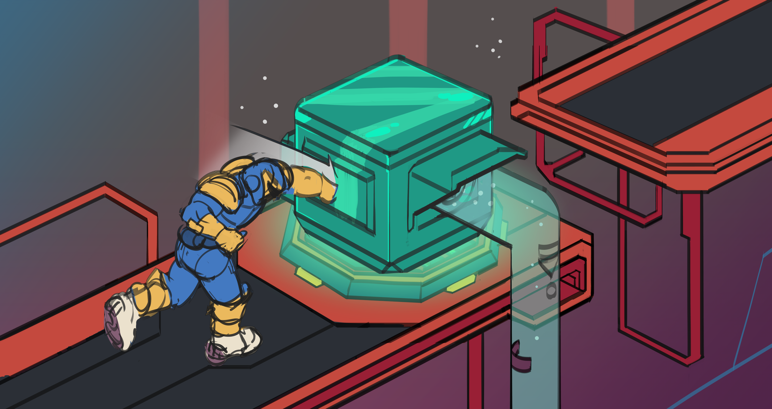 A cartoon astronaut wearing a blue spacesuit and yellow gloves is kneeling on a platform and peering into a glowing green futuristic device or control panel in a sci-fi setting.