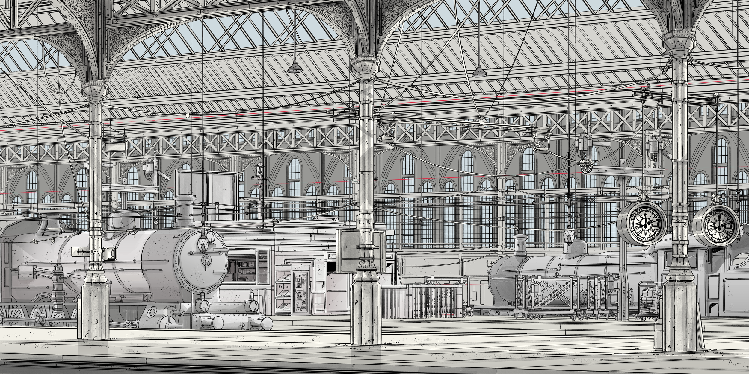 Detailed black-and-white illustration of a historic train station interior with steam locomotives, suspended clocks, iron columns, arched windows, and a glass roof