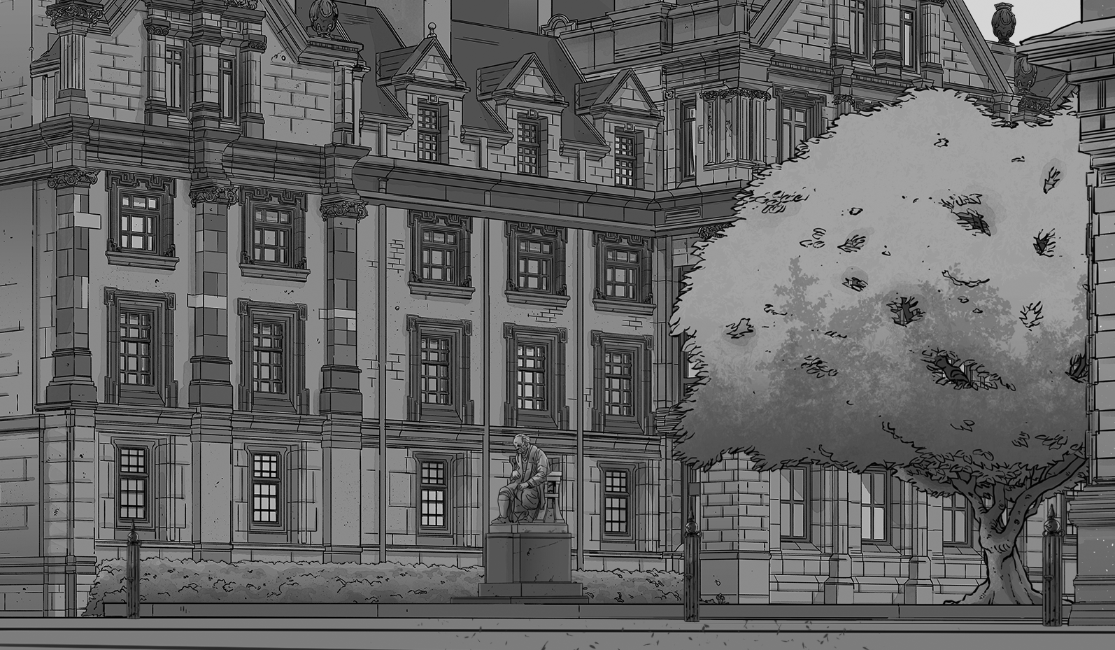 Detailed grayscale illustration of an ornate historic building with a seated statue, tree, and landscaped courtyard