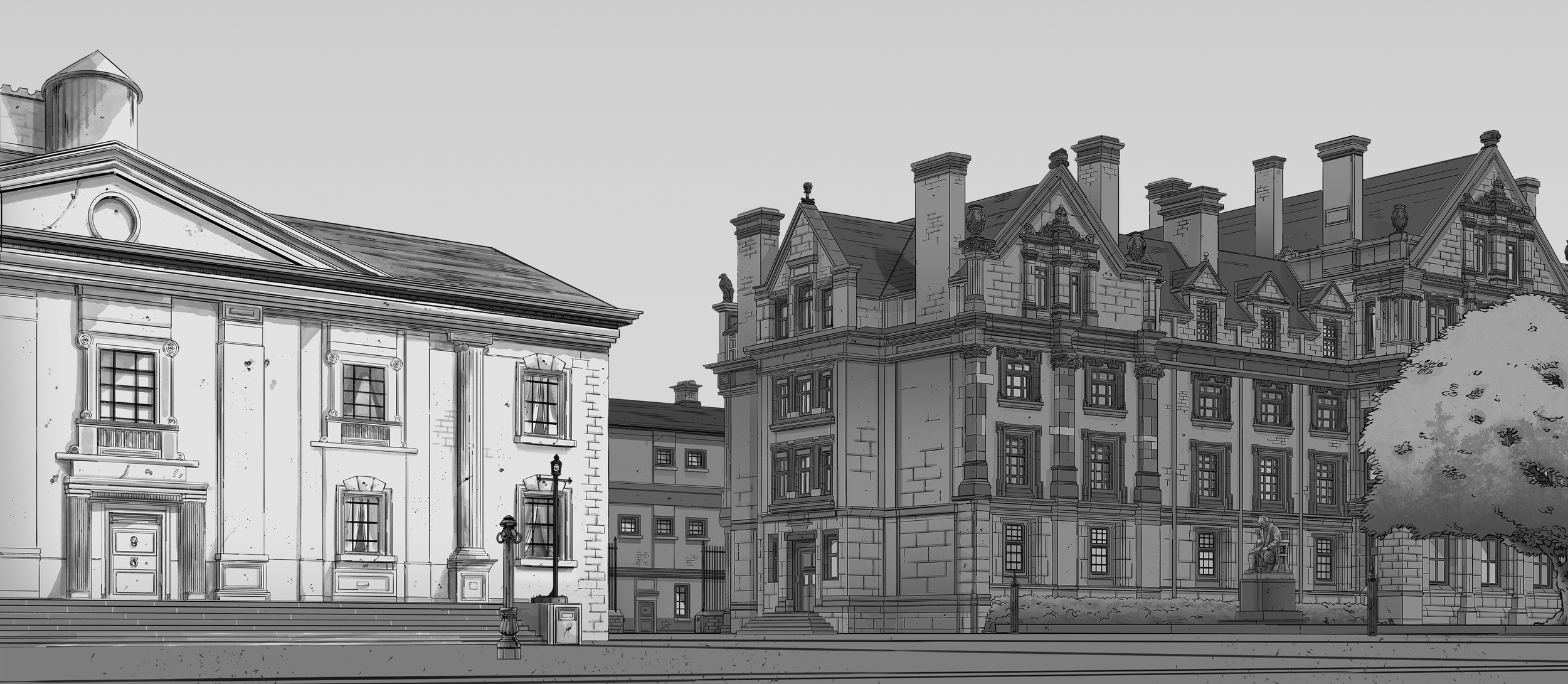 Black-and-white architectural illustration of ornate historic buildings with chimneys, trees, and a statue along a city street