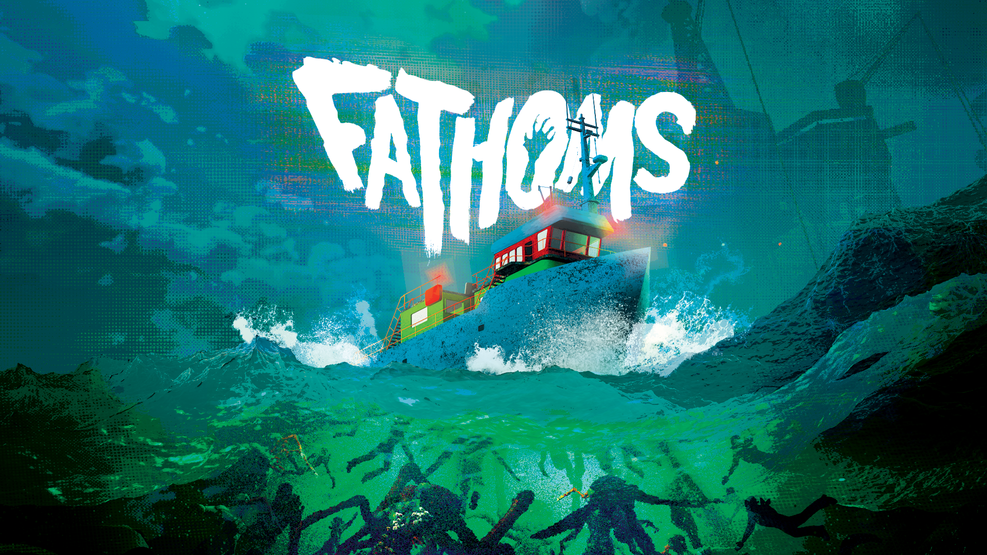 Illustration of a boat in rough waters with the word 'FATHOMS' in large, stylized text above it. The background features a stormy sky and dark mountains.