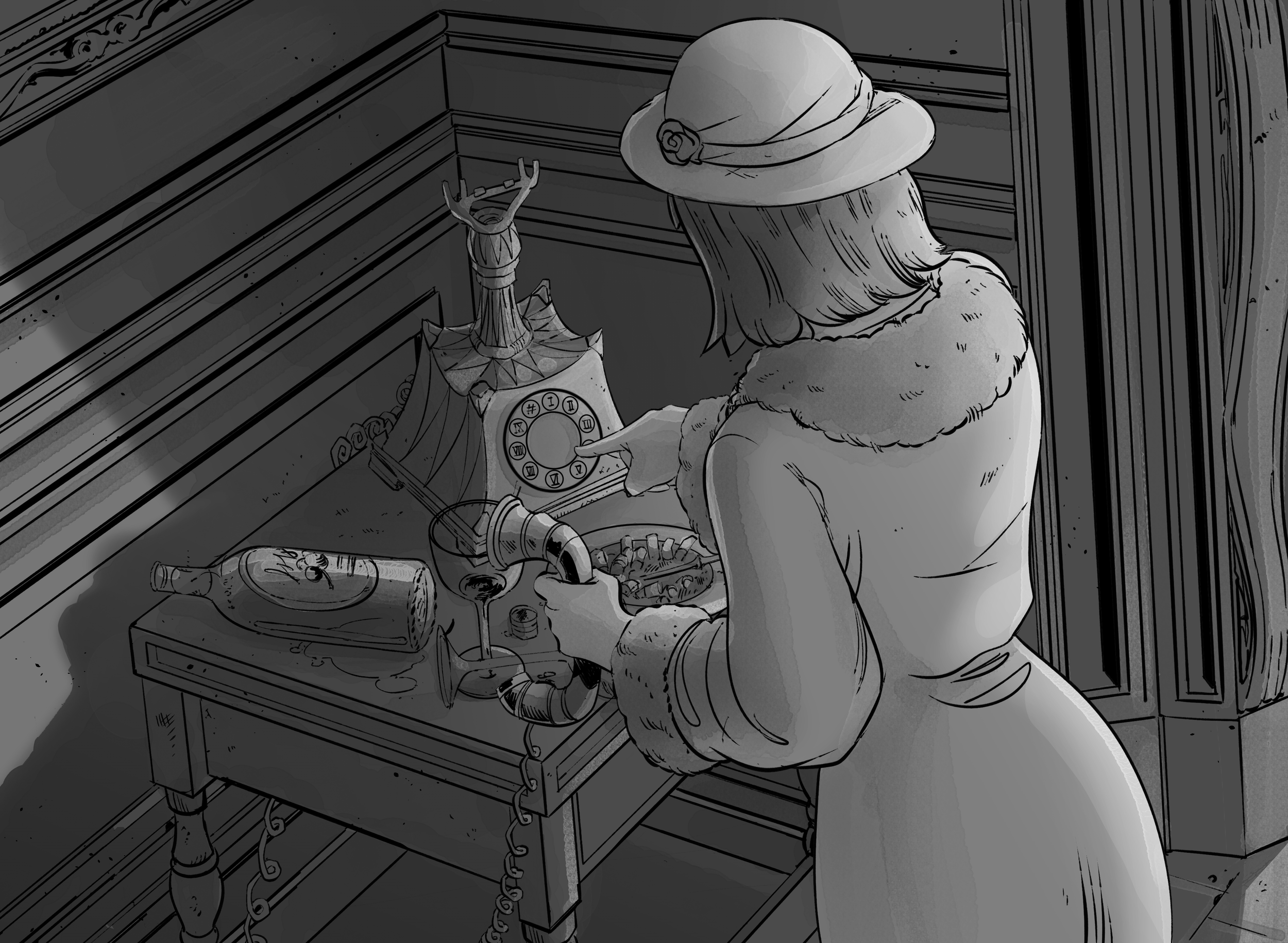 Black-and-white illustration of a woman in a wide-brimmed hat and fur-trimmed coat using an antique rotary telephone beside a table with a wine bottle and glass.