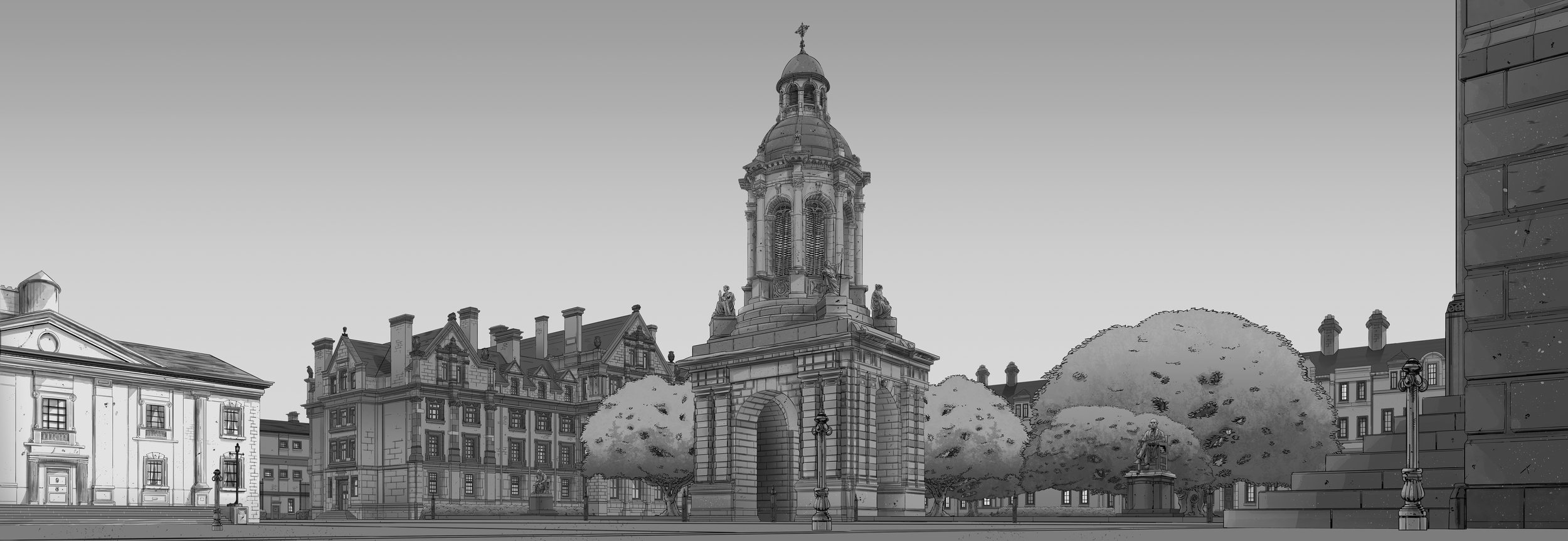 Black-and-white architectural illustration of a historic European city square with an ornate stone monument, surrounding buildings, trees, statues, and street lamps.
