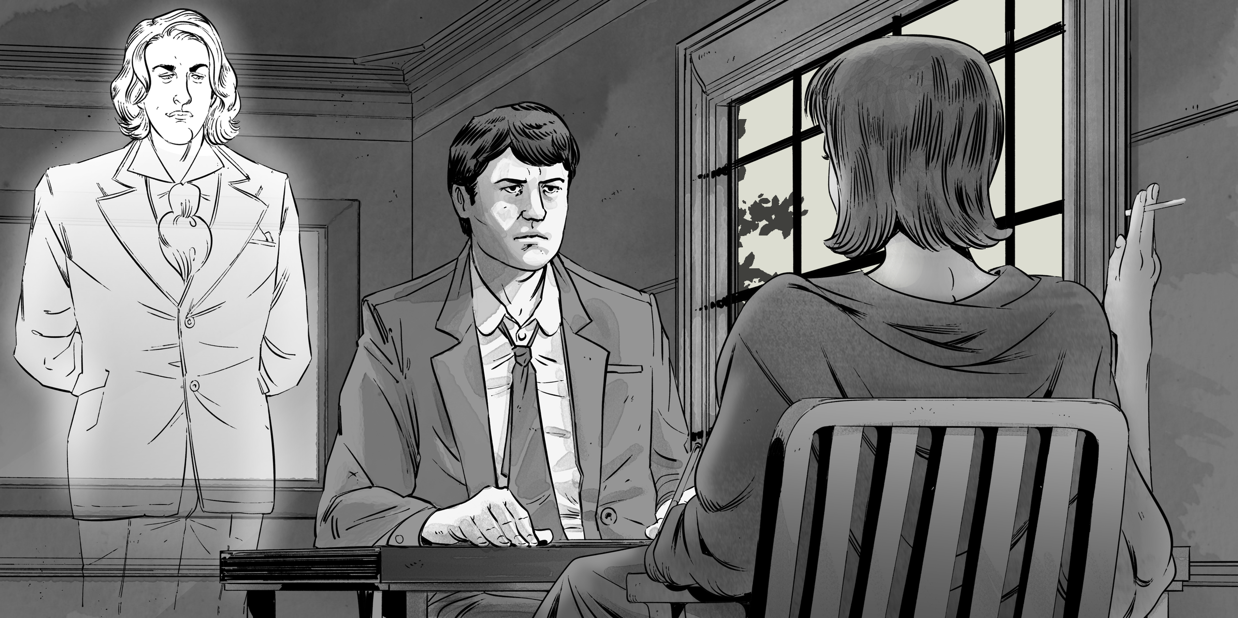 Black-and-white illustration of three formally dressed people in an office, with a seated man at a desk, a standing woman, and a woman smoking by a window.