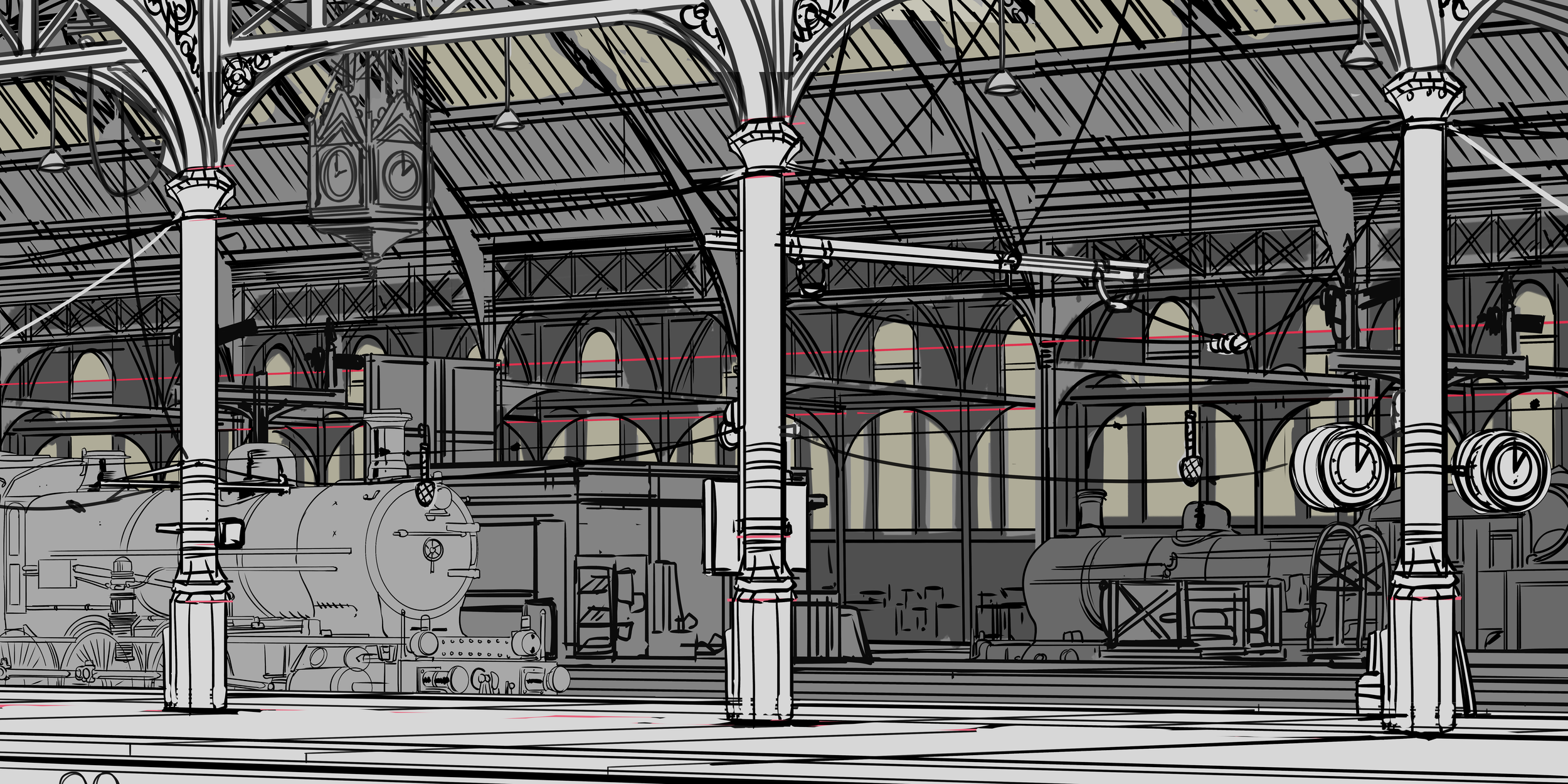 Detailed black-and-white illustration of a Victorian-era train station interior with steam locomotives, ornate columns, hanging clocks, arched windows, and an industrial glass roof