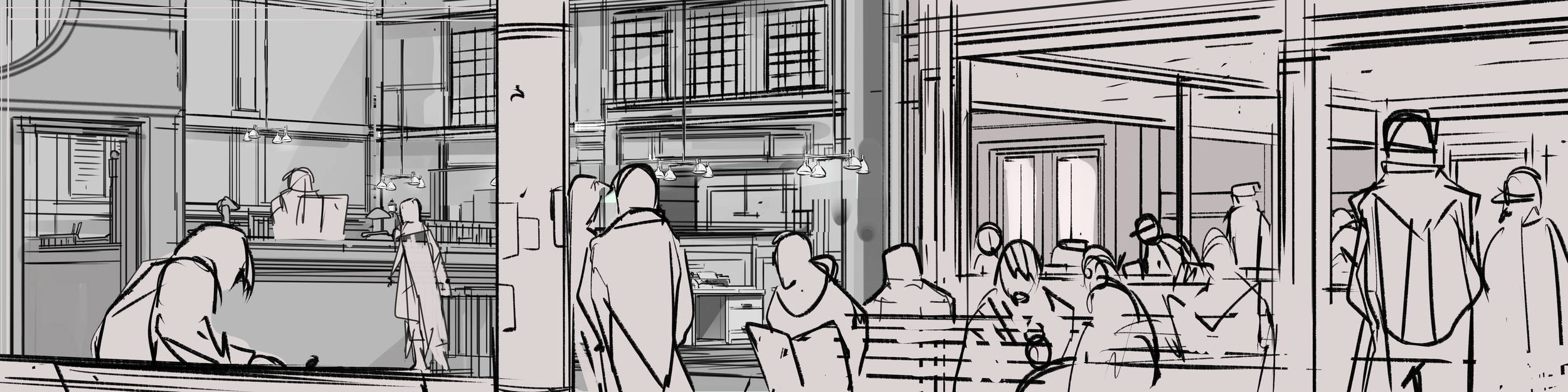 Monochrome architectural sketch of a busy modern interior with shoppers, café seating, counters, columns, windows, and clothing displays.