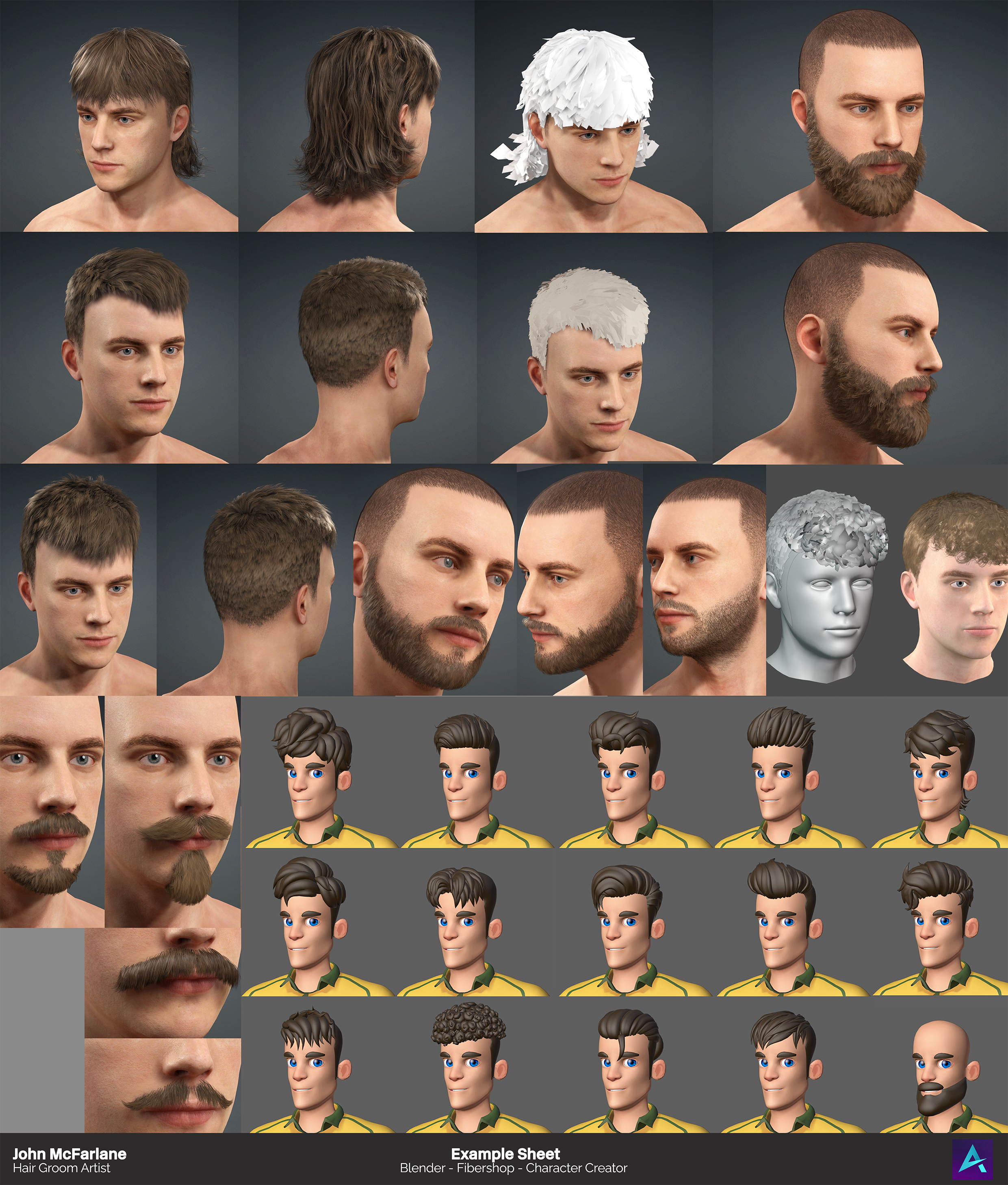 Multiple character headshots displaying various hairstyles, facial features, and hair colors, including realistic styling and cartoon styles, created by a hair groom artist using Blender, Fibershop, and character creator software.