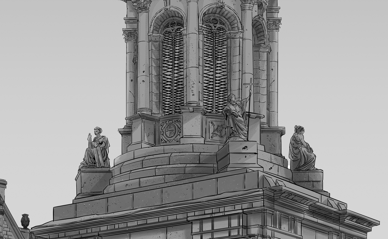 Illustration of an ornate historic church facade with arched windows, stone columns, statues, and a cross