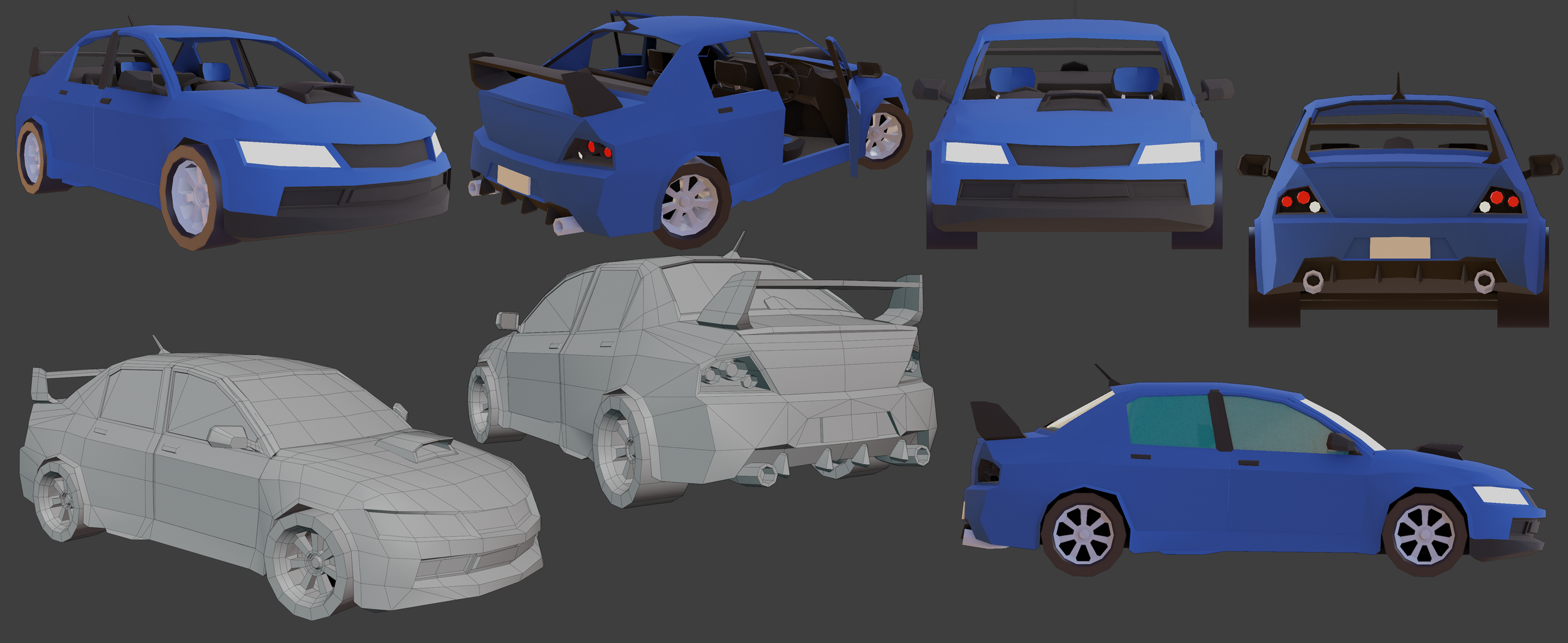 A 3D model of a blue sports car shown from different angles, with some views as a wireframe and others fully textured.