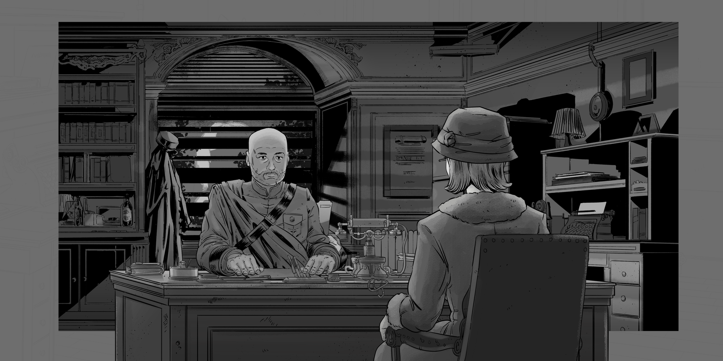 Black-and-white illustration of a bald official interviewing a woman in a hat across a desk in a richly decorated office