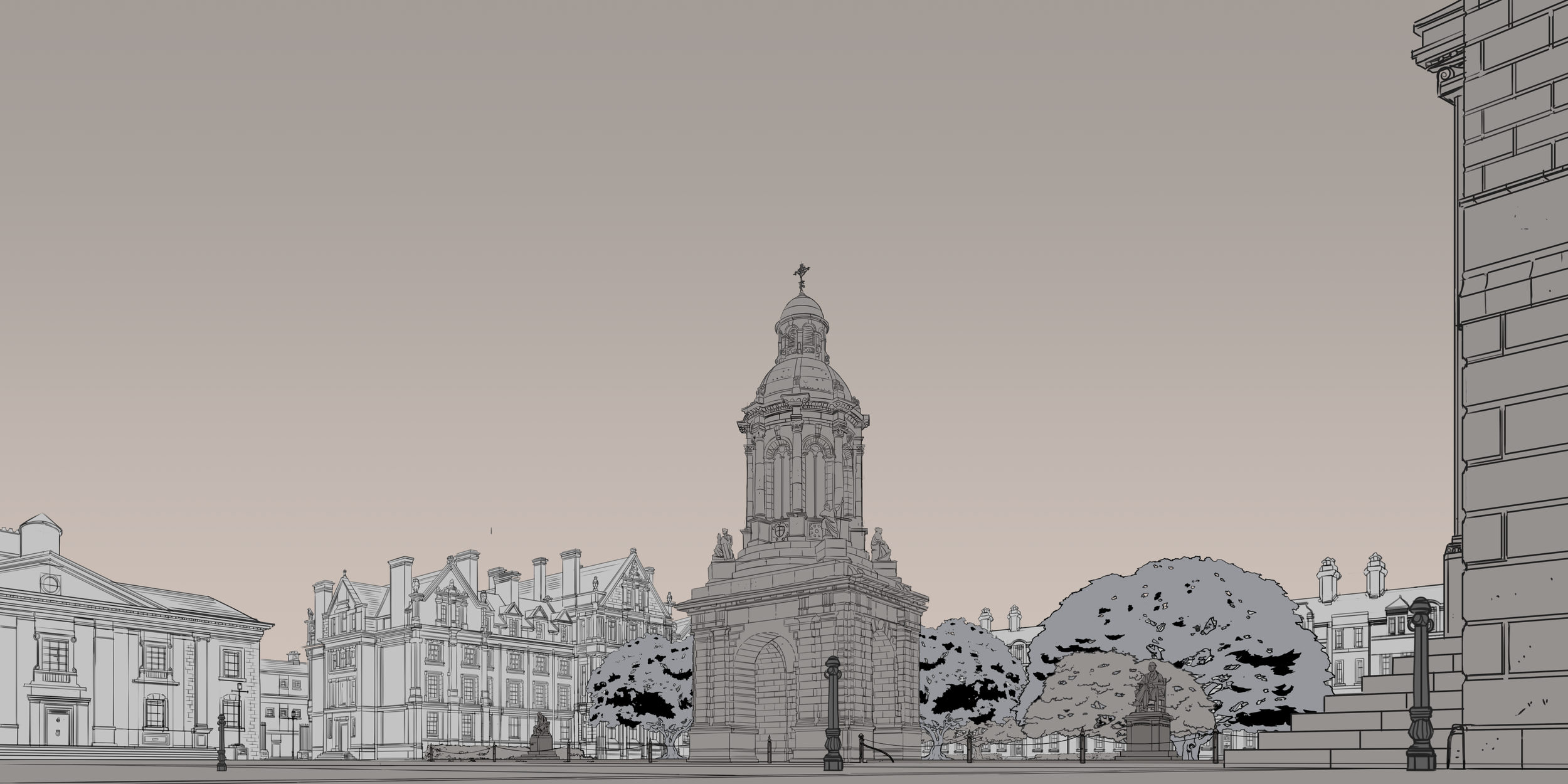 Illustrated city square featuring an ornate domed monument, historic buildings, trees, and street lamps