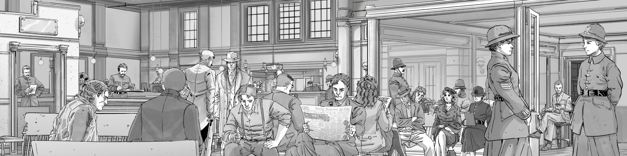 Vintage train station waiting room crowded with travelers, soldiers, and passengers reading newspapers.