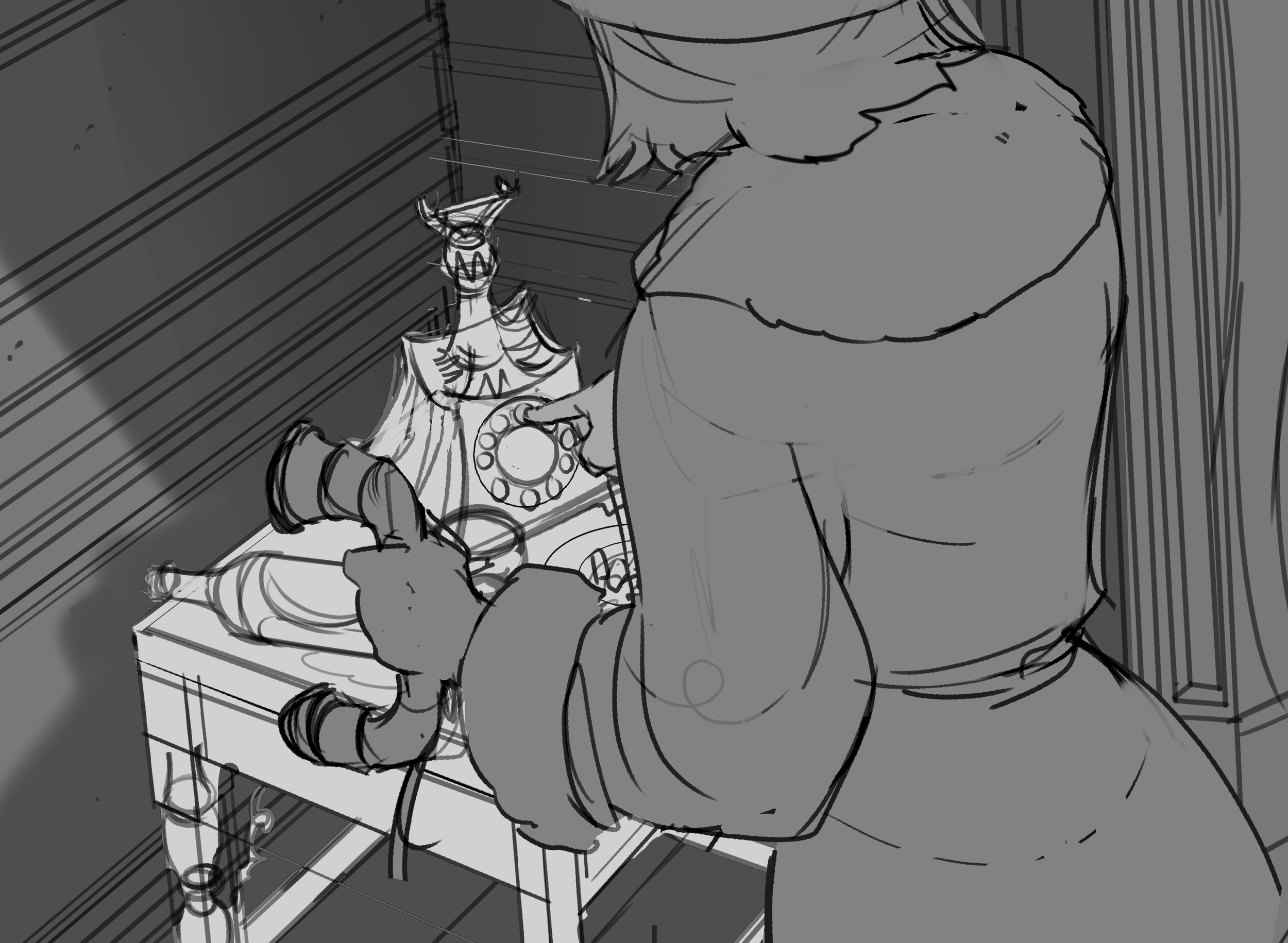 Monochrome anime-style illustration of a long-haired woman seated beside a small horned fantasy creature in an attic-like room.