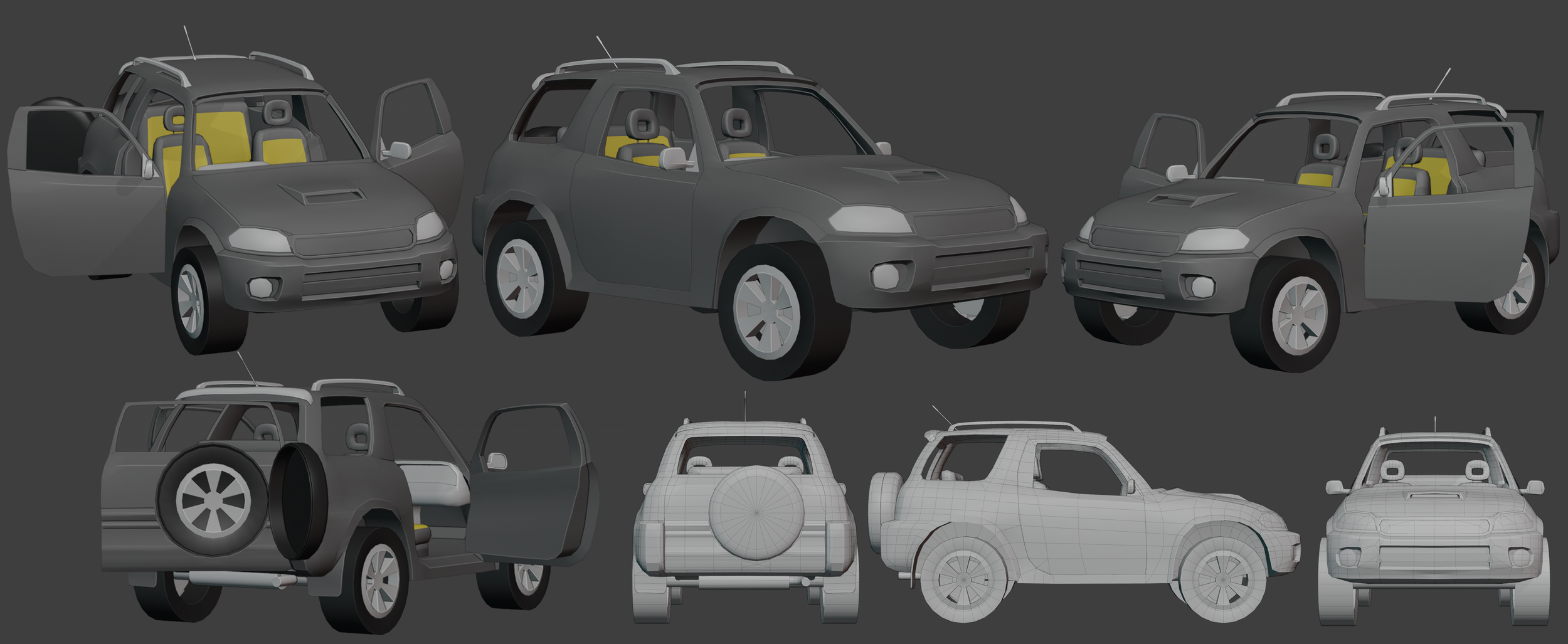 3D models of a compact SUV with different views, showing detailed interior and exterior, including open doors and a spare tire on the back.