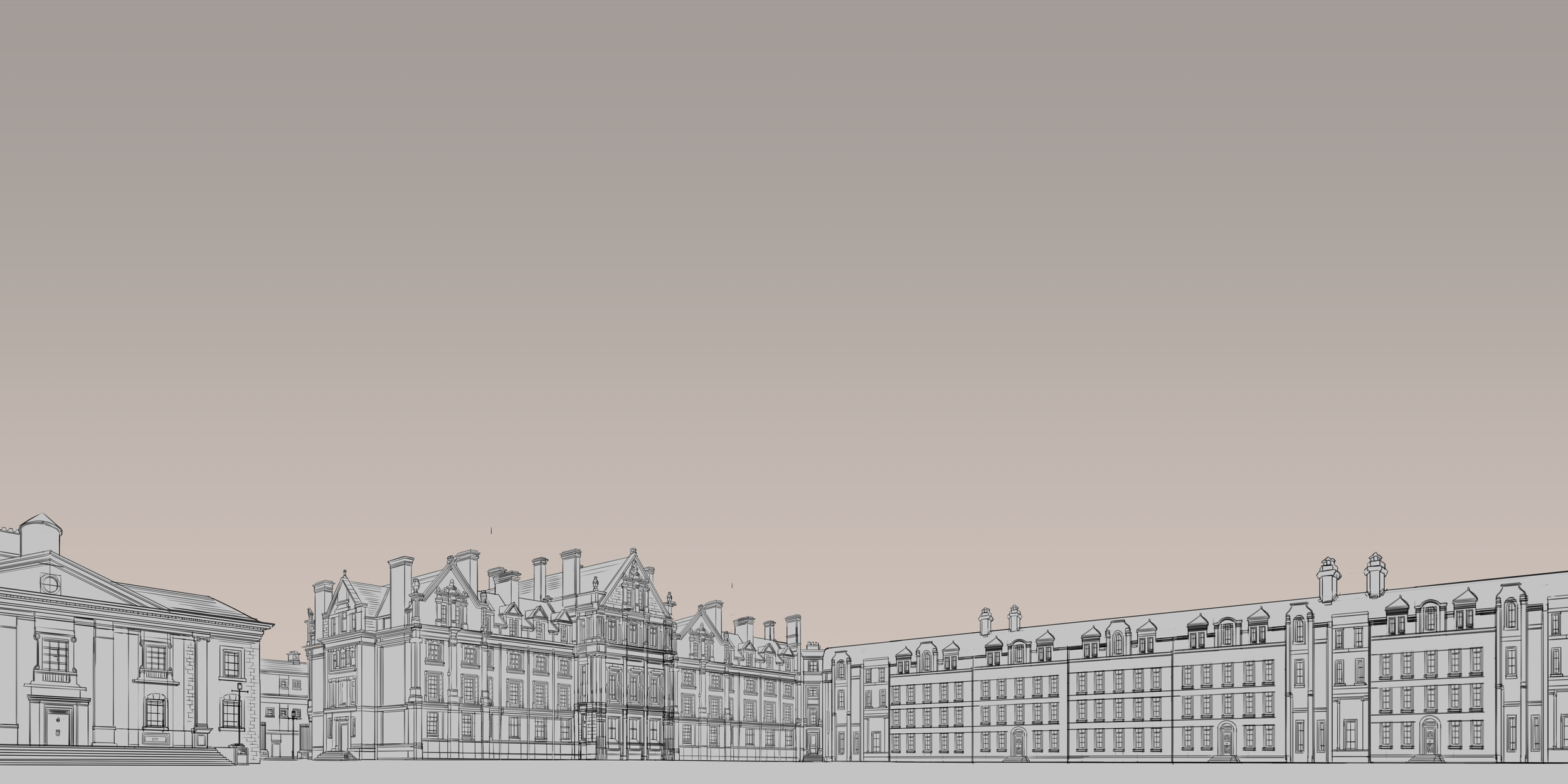 Architectural line drawing of a historic European-style streetscape with ornate townhouses and civic buildings under a blank sky