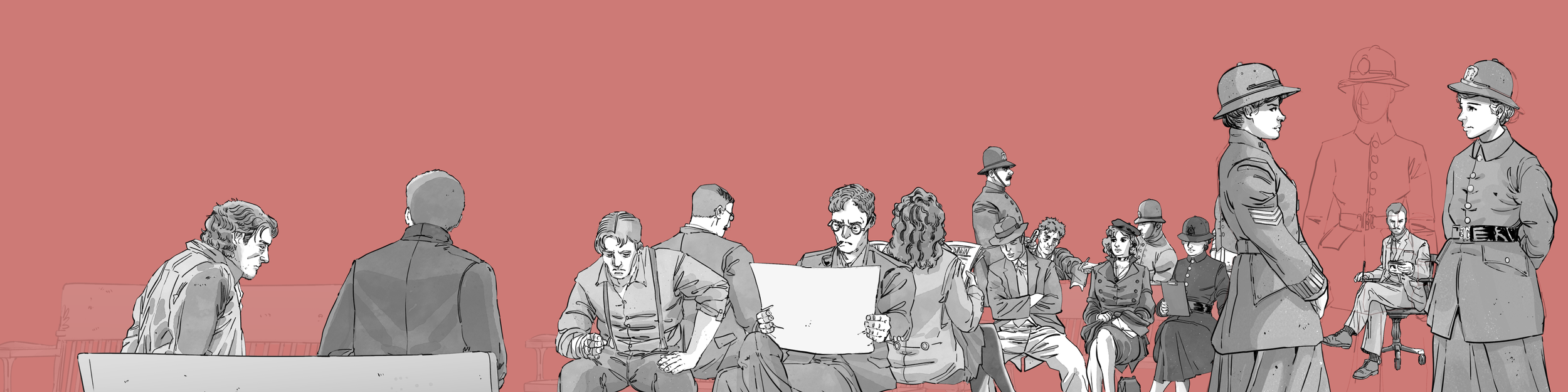 Illustration of diverse people in vintage and modern clothing gathered in an office or waiting-room setting against a muted red background
