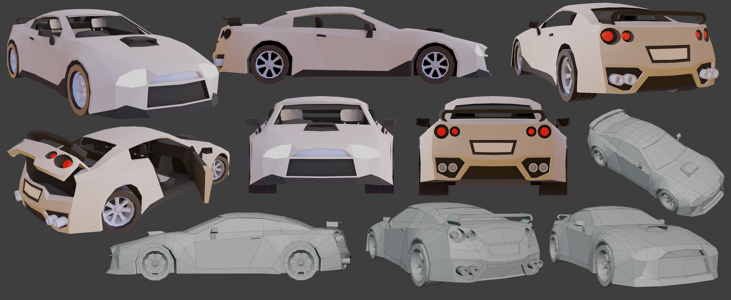 Multiple 3D model views of a sports car in low-poly style, including front, rear, side, top, and wireframe views on a dark background.