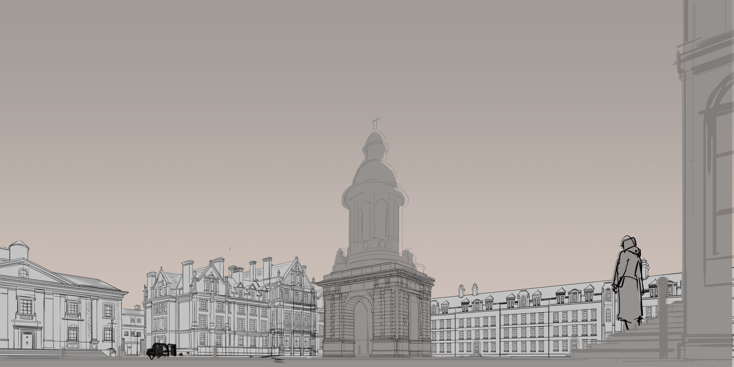 Architectural sketch of a European city square with historic buildings, a domed triumphal arch, and a seated statue
