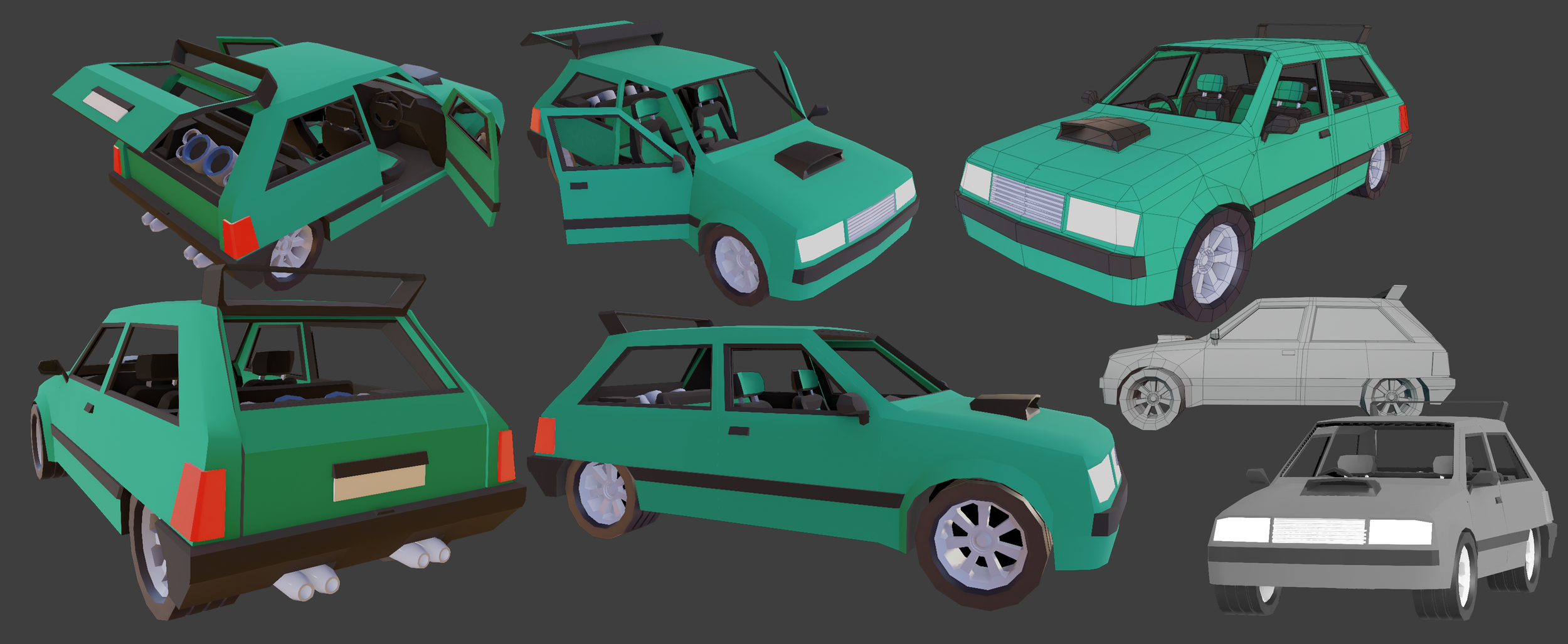 Multiple 3D models of a small, angular, teal-colored hatchback car in various views and stages of modeling, including wireframe and textured versions.