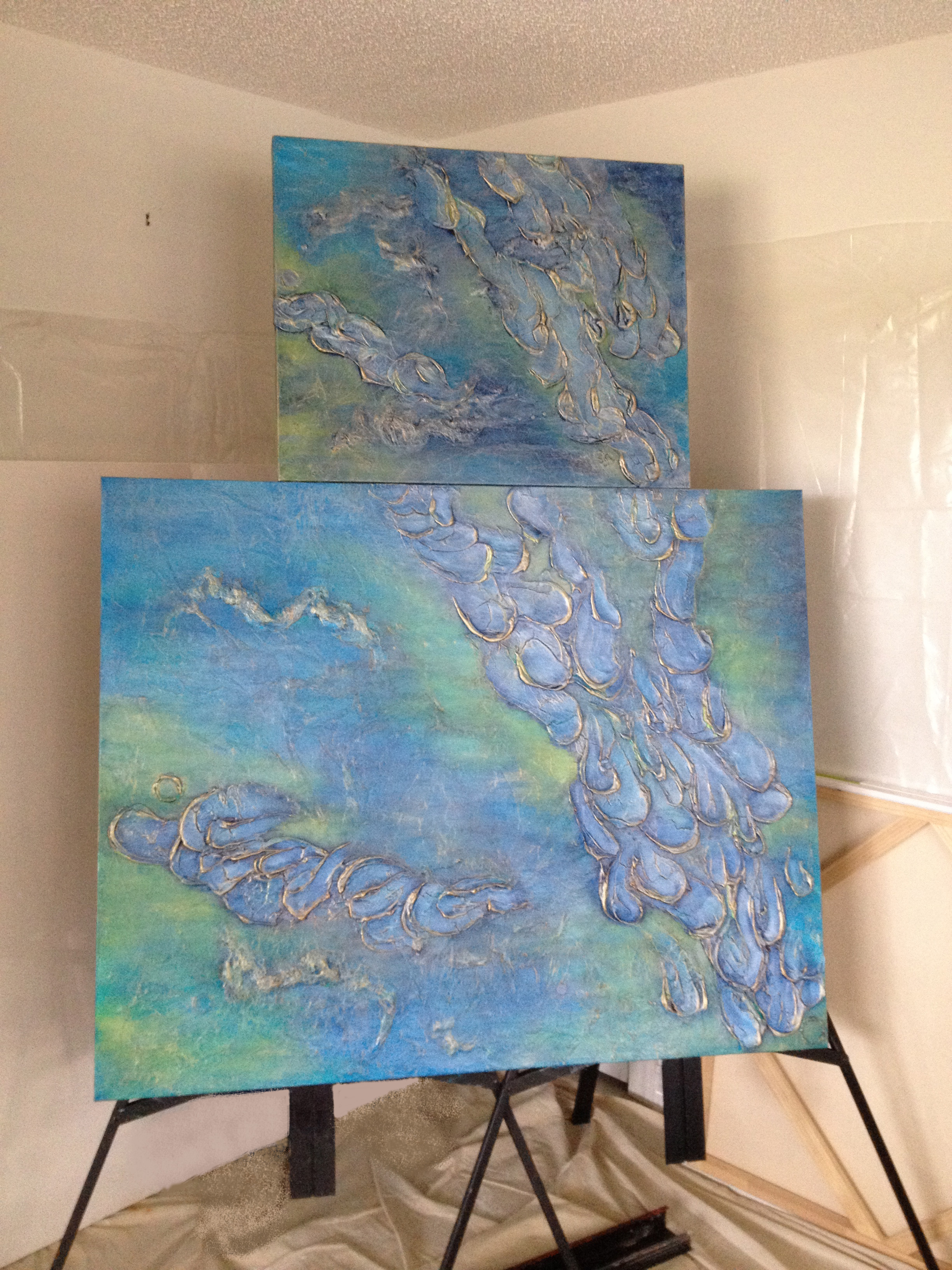 PEACEFUL WATERS original abstract on top and PEACEFUL WATERS II commissioned painting on bottom.