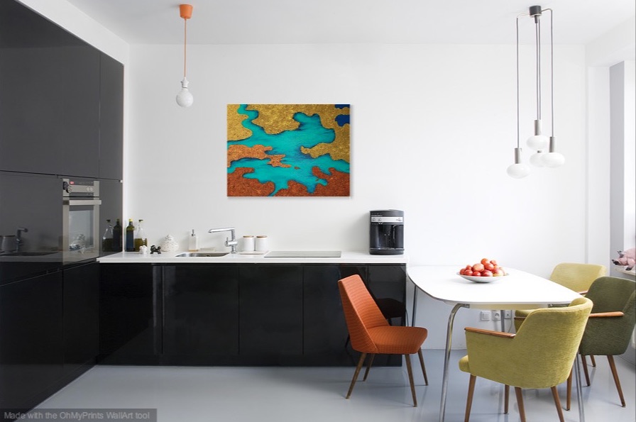 Shown hanging in a kitchen.