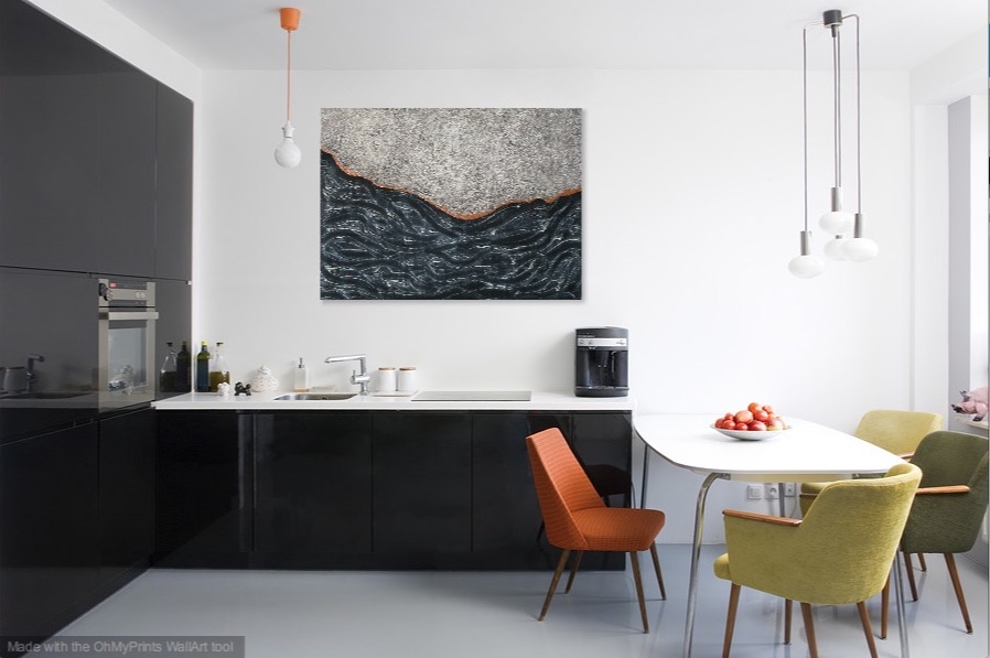 Shown hanging horizontal in a kitchen.