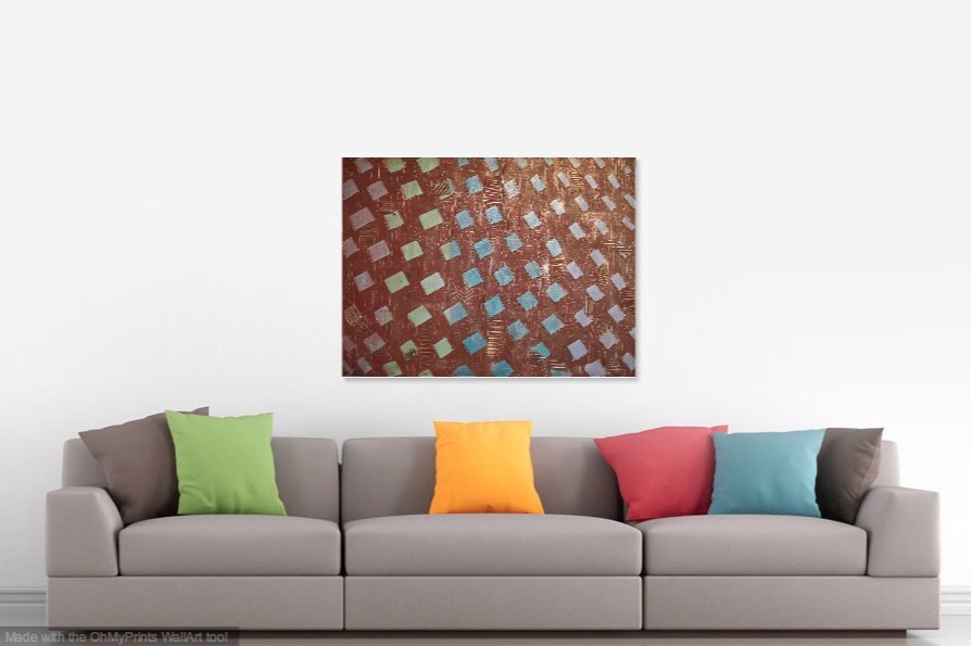 Shown hanging horizontally over a sofa.