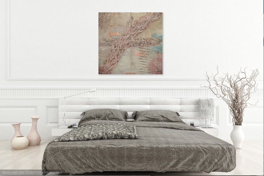 Shown hanging together in a bedroom setting.