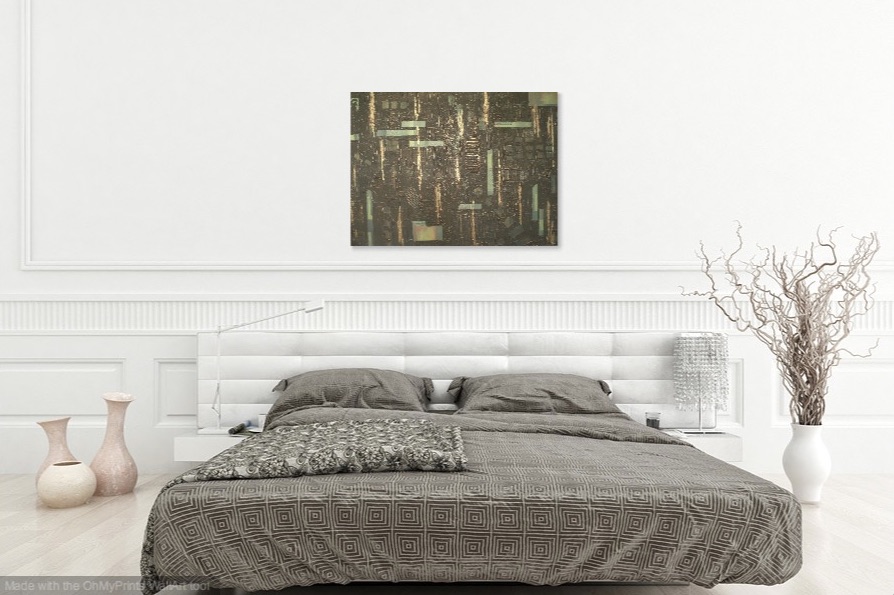 Shown hanging horizontally over a bed.