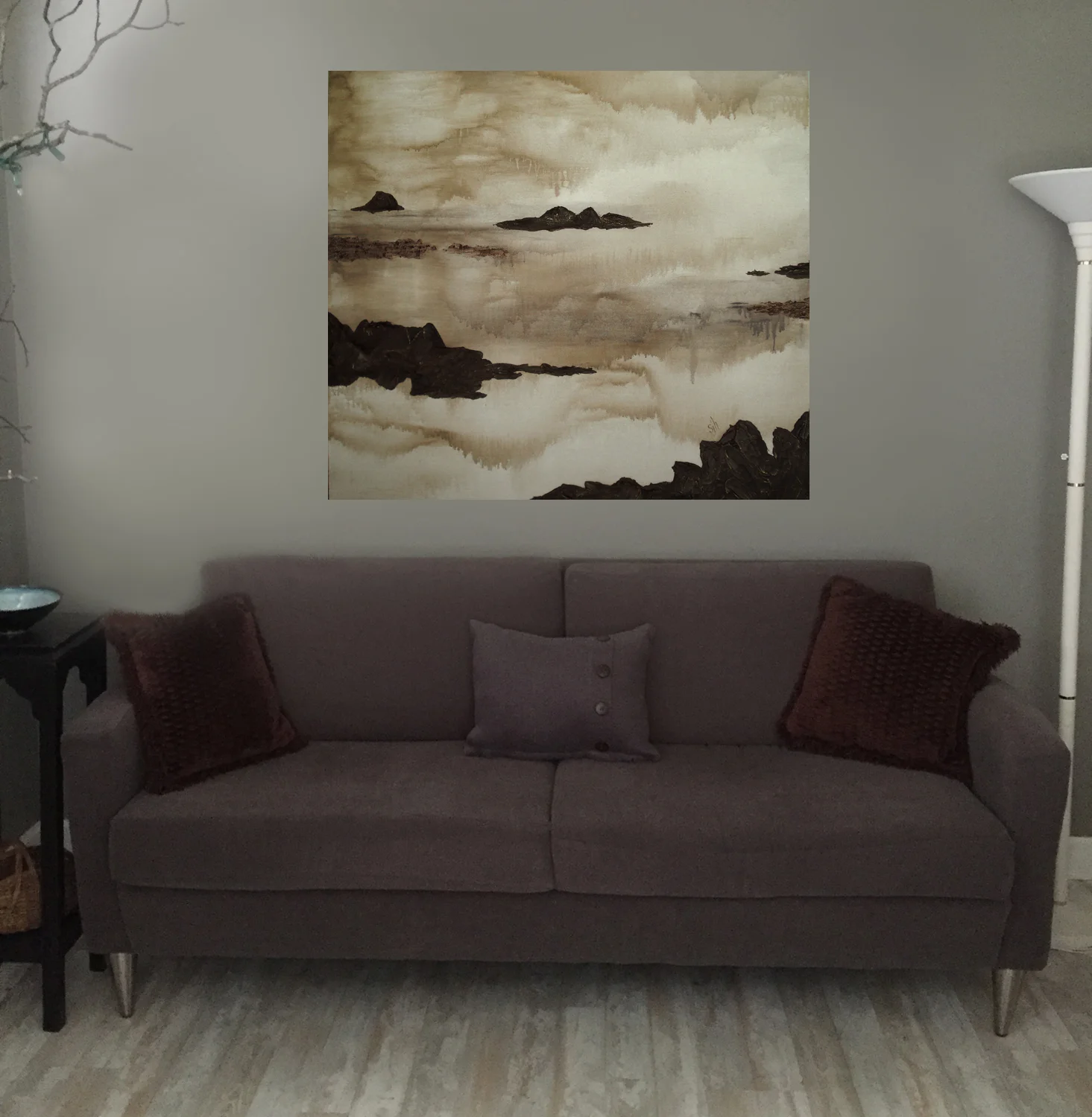 Quietude - 48 x 48 x 1.5 - Shown hanging in a living room setting.