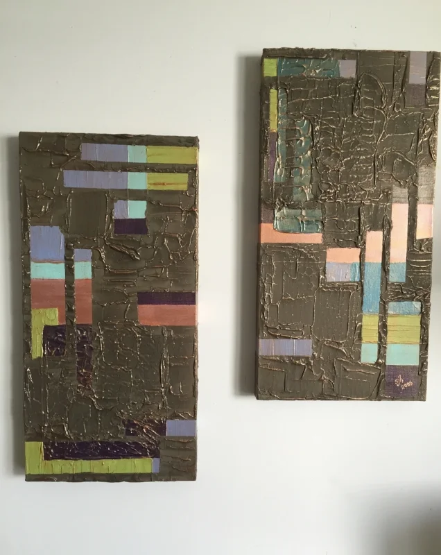 Cosmic Cafe´ Textured Acrylic/Mixed Media Stretched Gallery Canvas 20 x 10 in. each, Set of 2