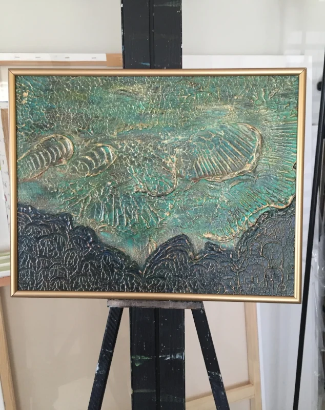 11 x 14 framed canvas panel. Shown in antique gold metal frame.