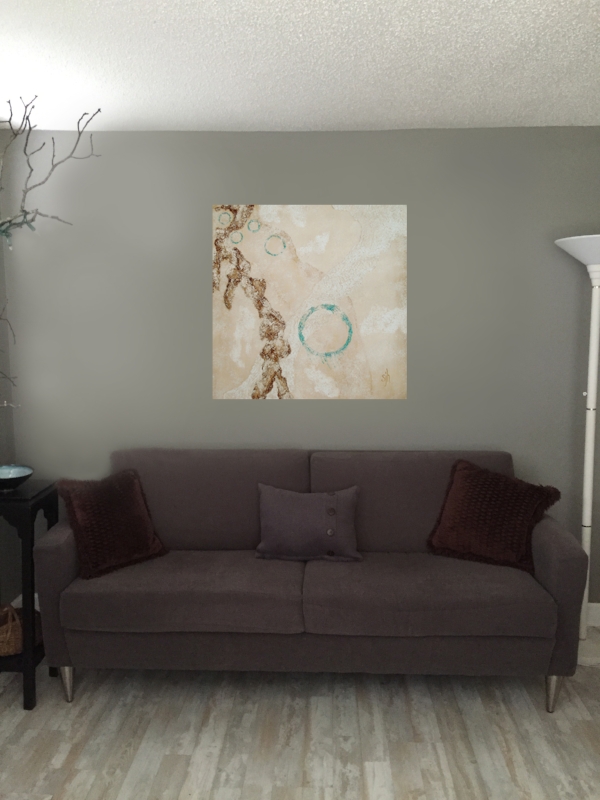 Calm Pursuit - 36" x 36" shown in another living room setting.