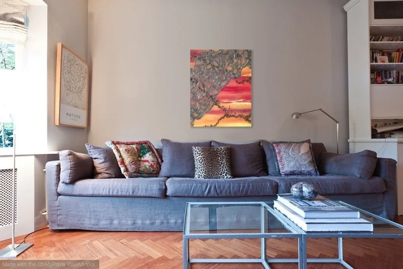 Shown in living room with blue sofa.