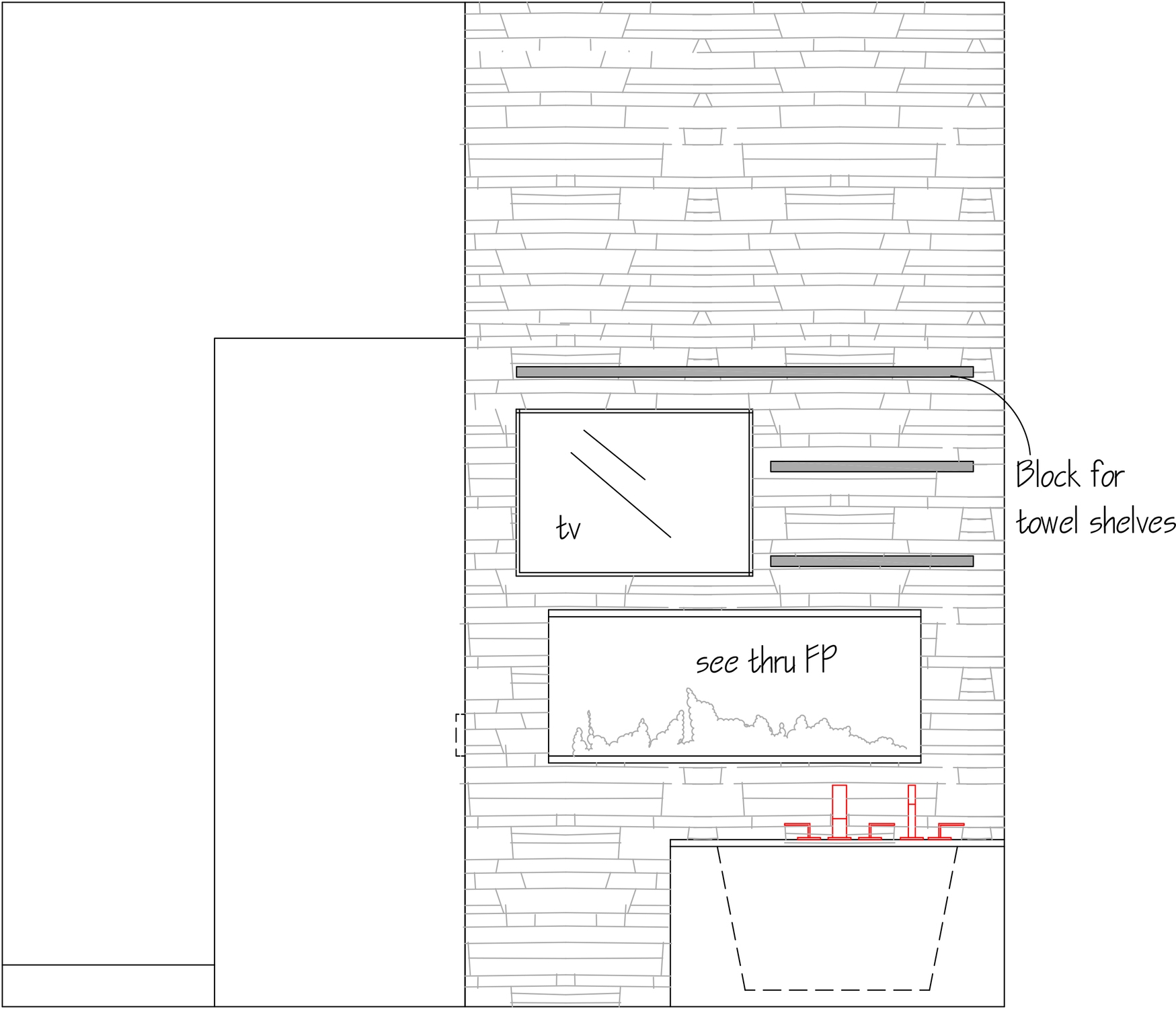 AutoCAD drawing of T.V. wall in bathroom with see through fireplace