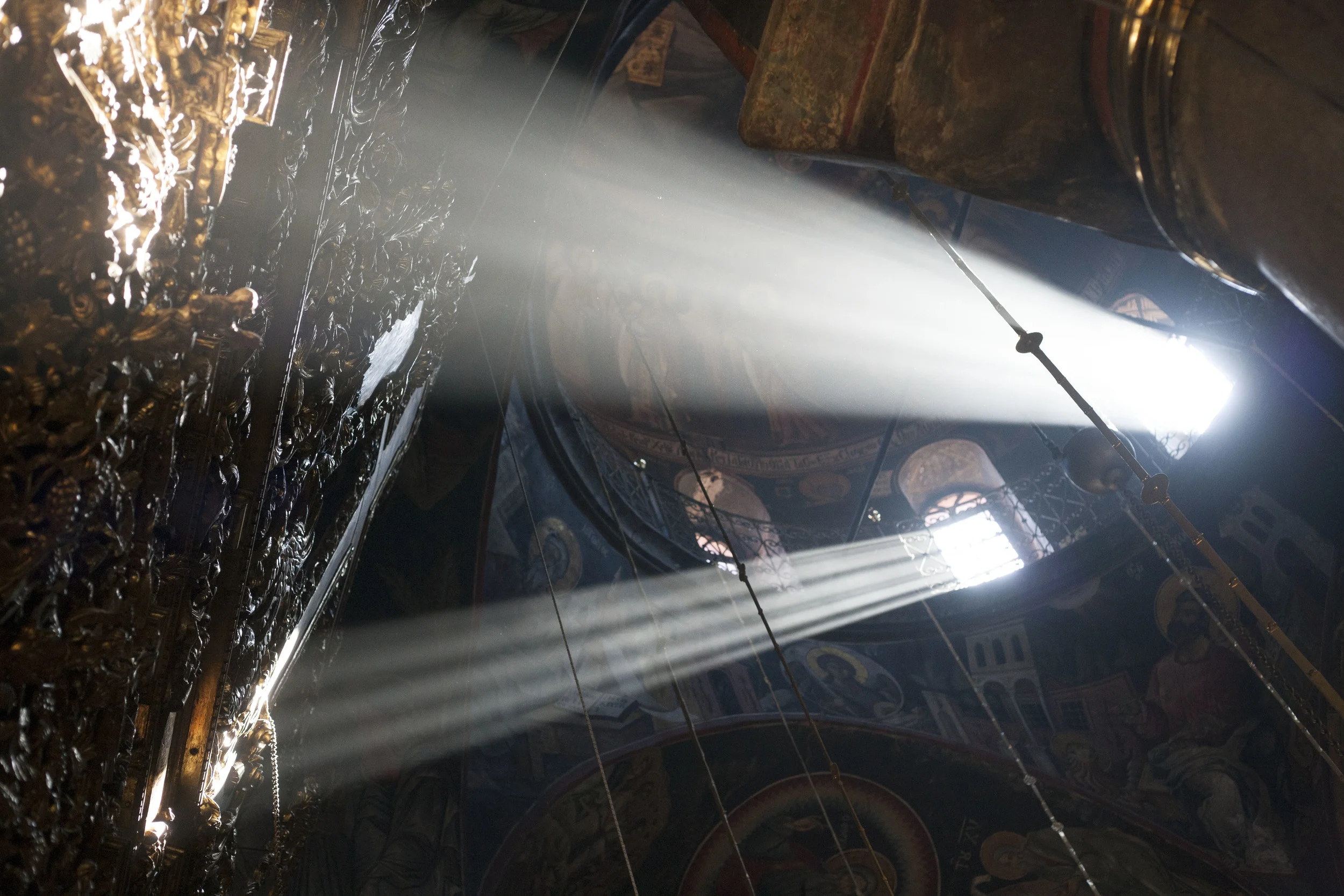 Sunset in the monastery's main church or katholikon.