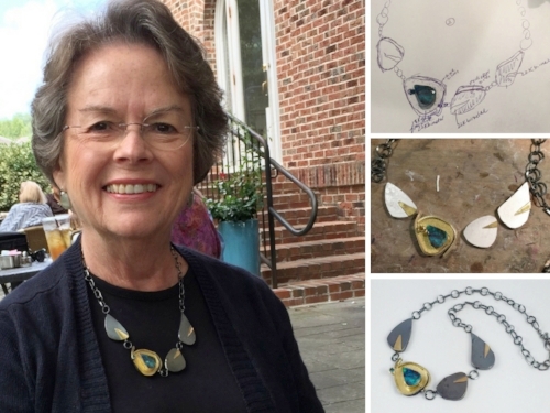 On the left: the final designed custom opal necklace. On the right: the full lifecycle of the necklace from initial sketch on the top, to the workbench in-progress photo in the middle, to completed piece at the bottom. 