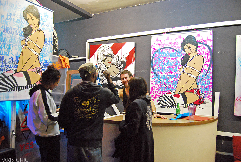 Silk screen artist known as “Plasti Max” prints t-shirts for free with designs of bondage girls.