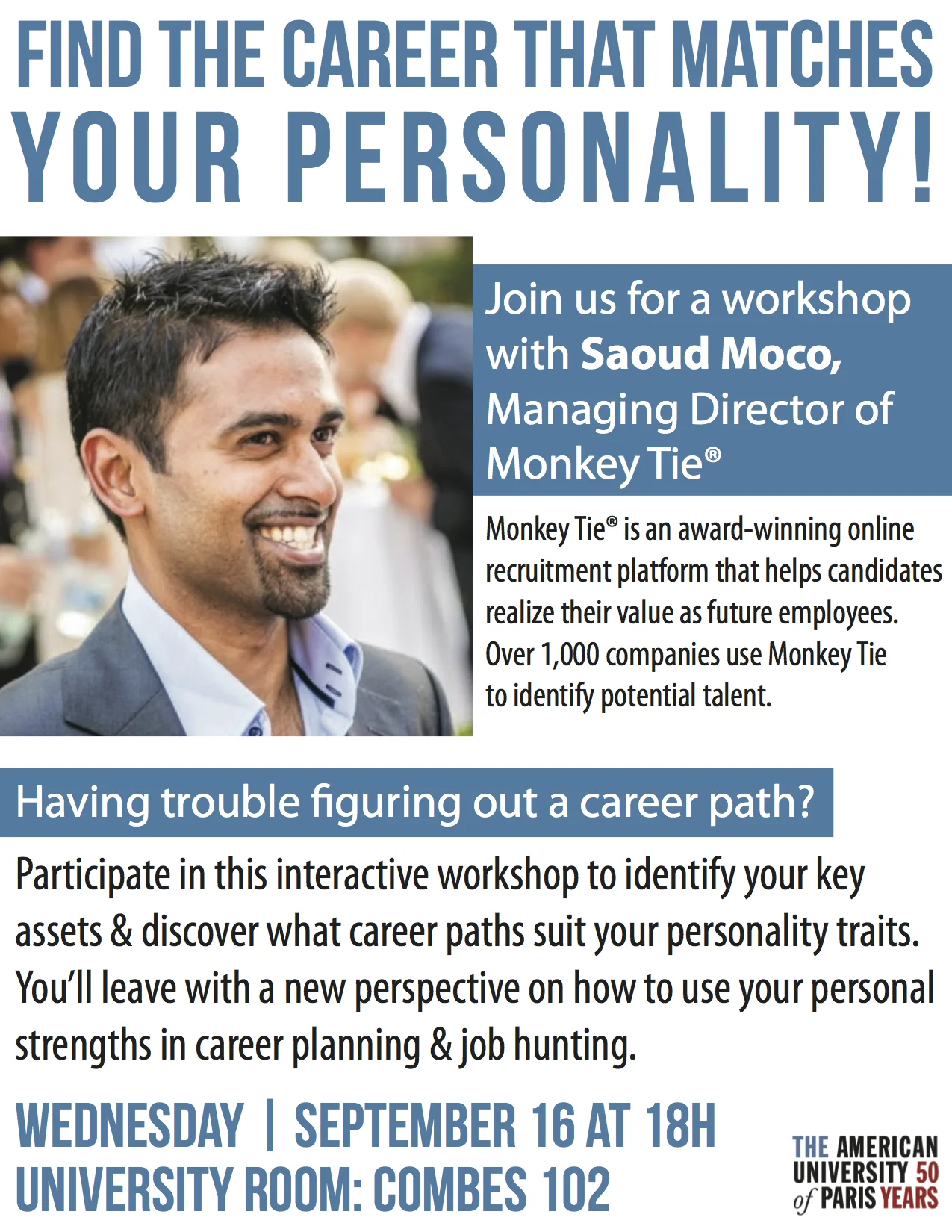 A flyer designed for the Career Development Office at the American University of Paris.