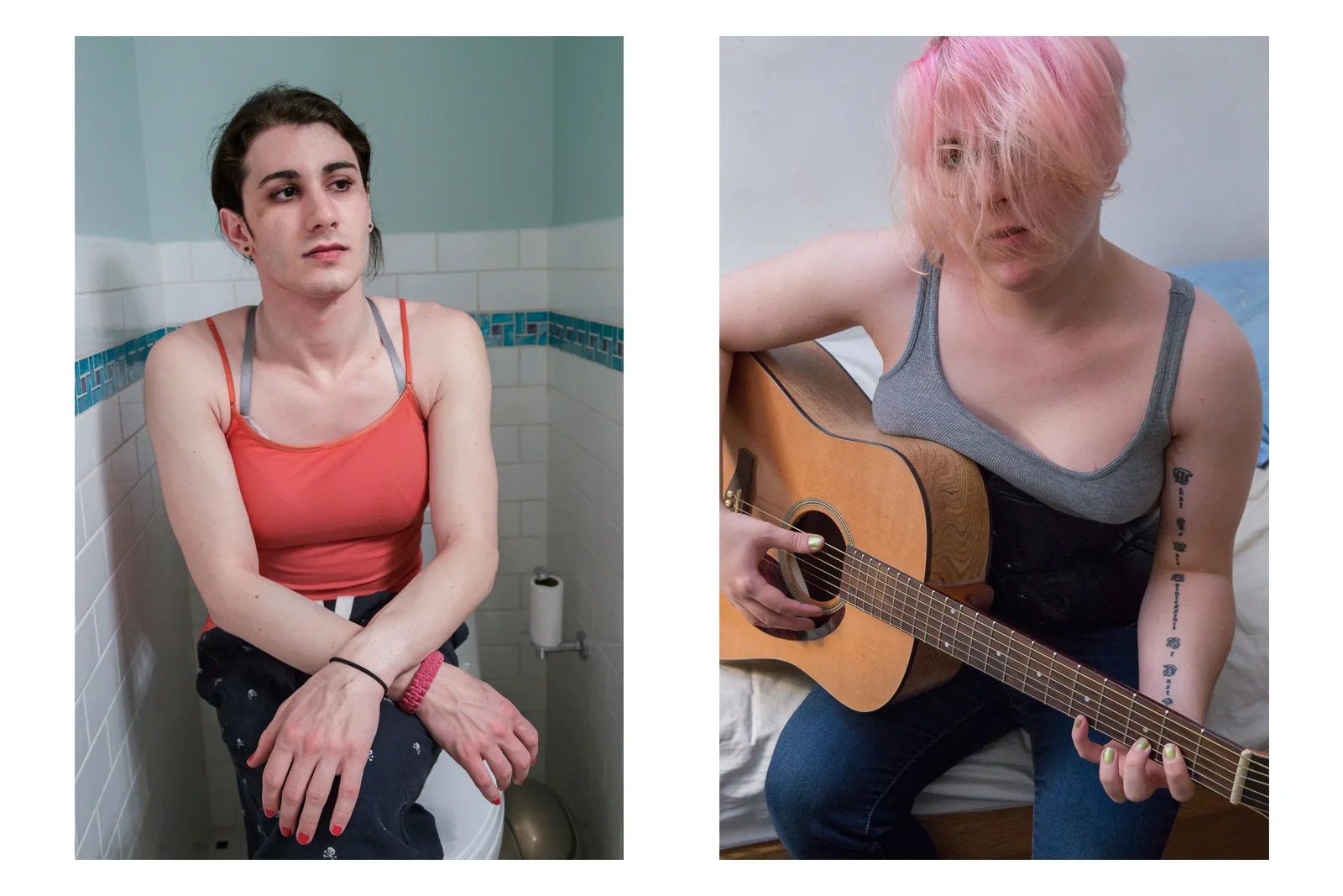 Ashley in the bathroom after taking off her makeup; Left. Kylie playing guitar; Right.
