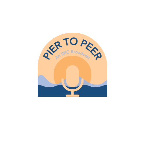 Logo for 'Pier to Peer' podcast with a sunrise or sunset over water and a microphone in front of mountains.