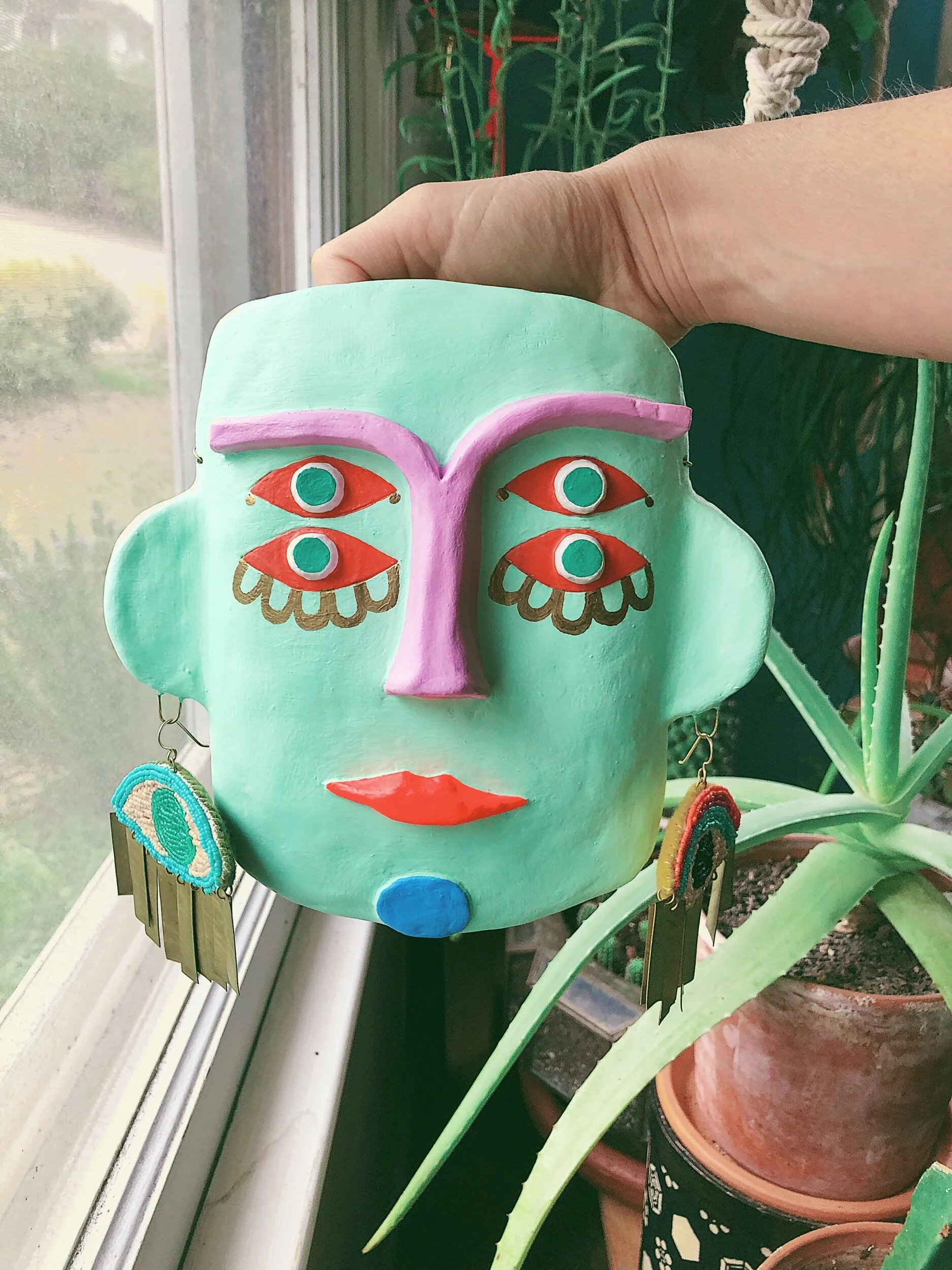 wall mask, mask art, spiritual art, spirit guide, cosmic art, wall art, paper mache mask, colorful mask art , california artist