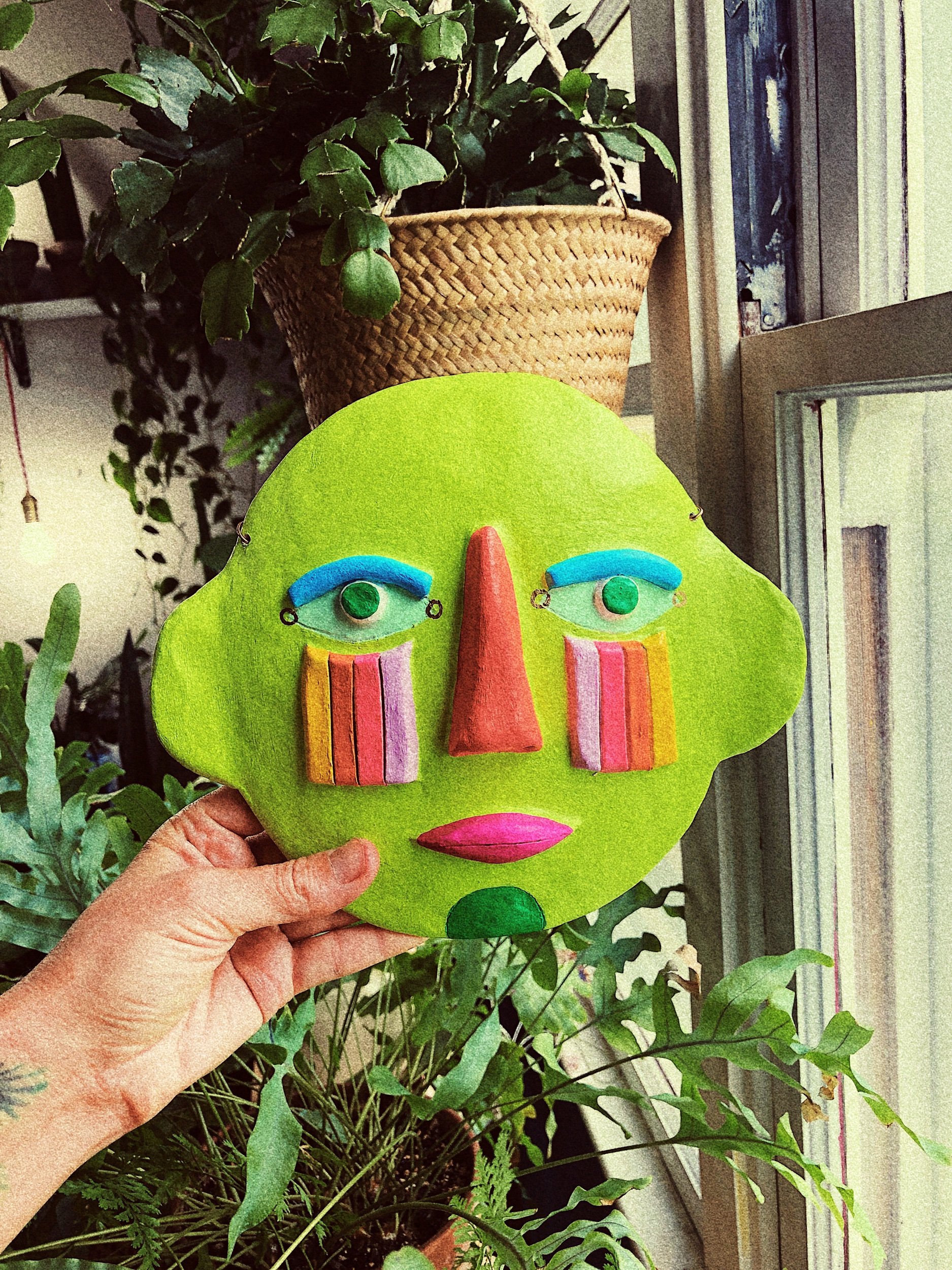 wall mask, mask art, spiritual art, spirit guide, cosmic art, wall art, paper mache mask, colorful mask art , california artist