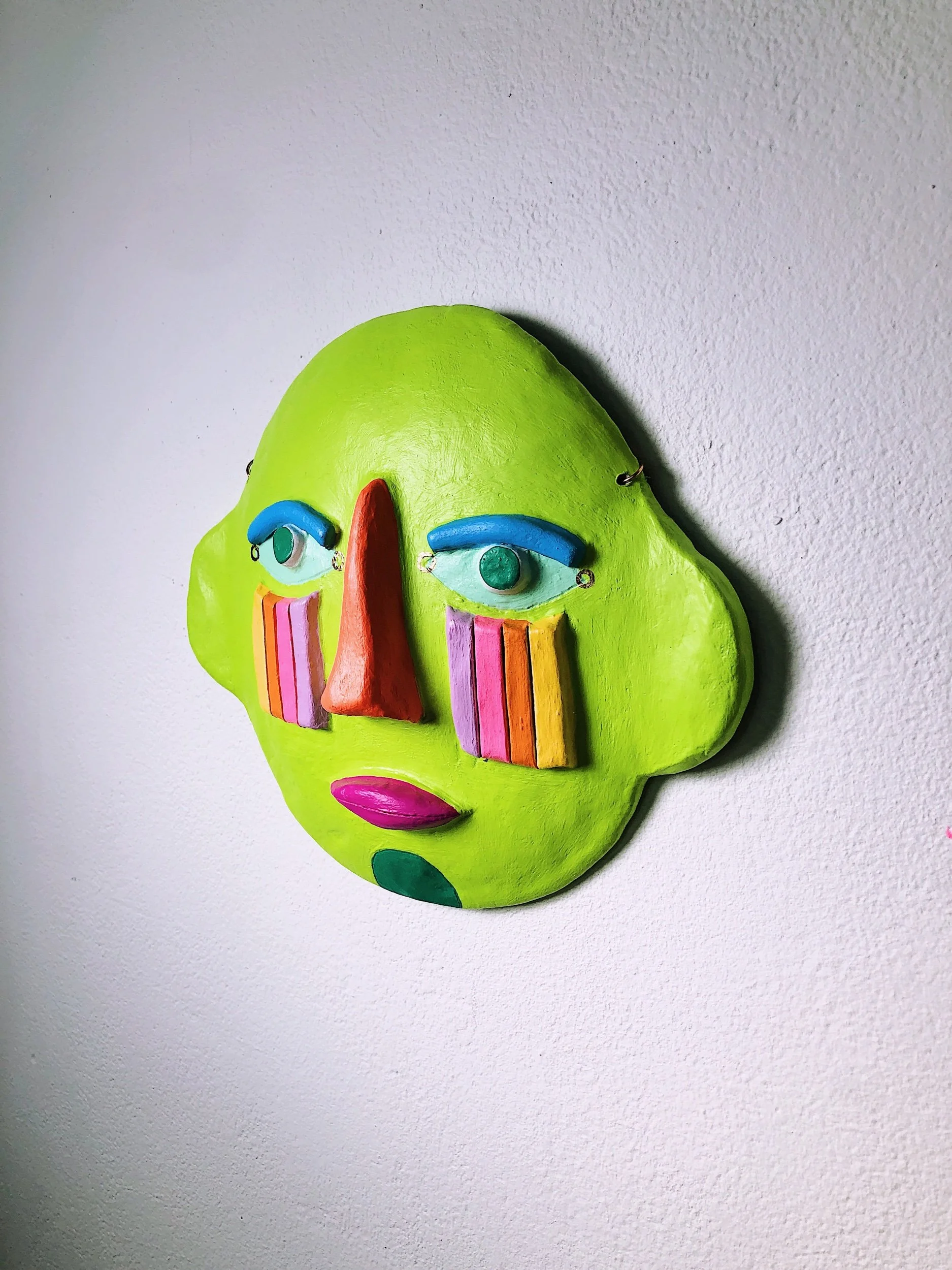 wall mask, mask art, spiritual art, spirit guide, cosmic art, wall art, paper mache mask, colorful mask art , california artist