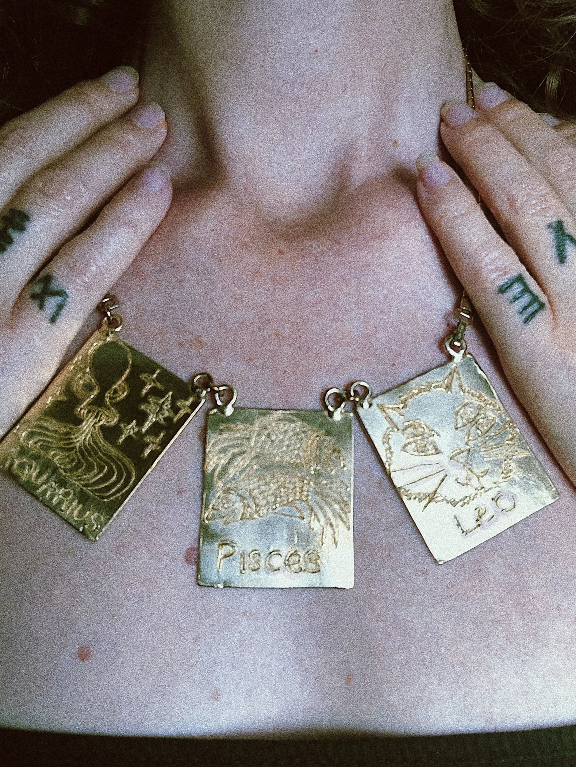 zodiac jewelry, astrology, Aquarius, leo, Pisces, pendant, art jewelry, statement necklace, hand drawn