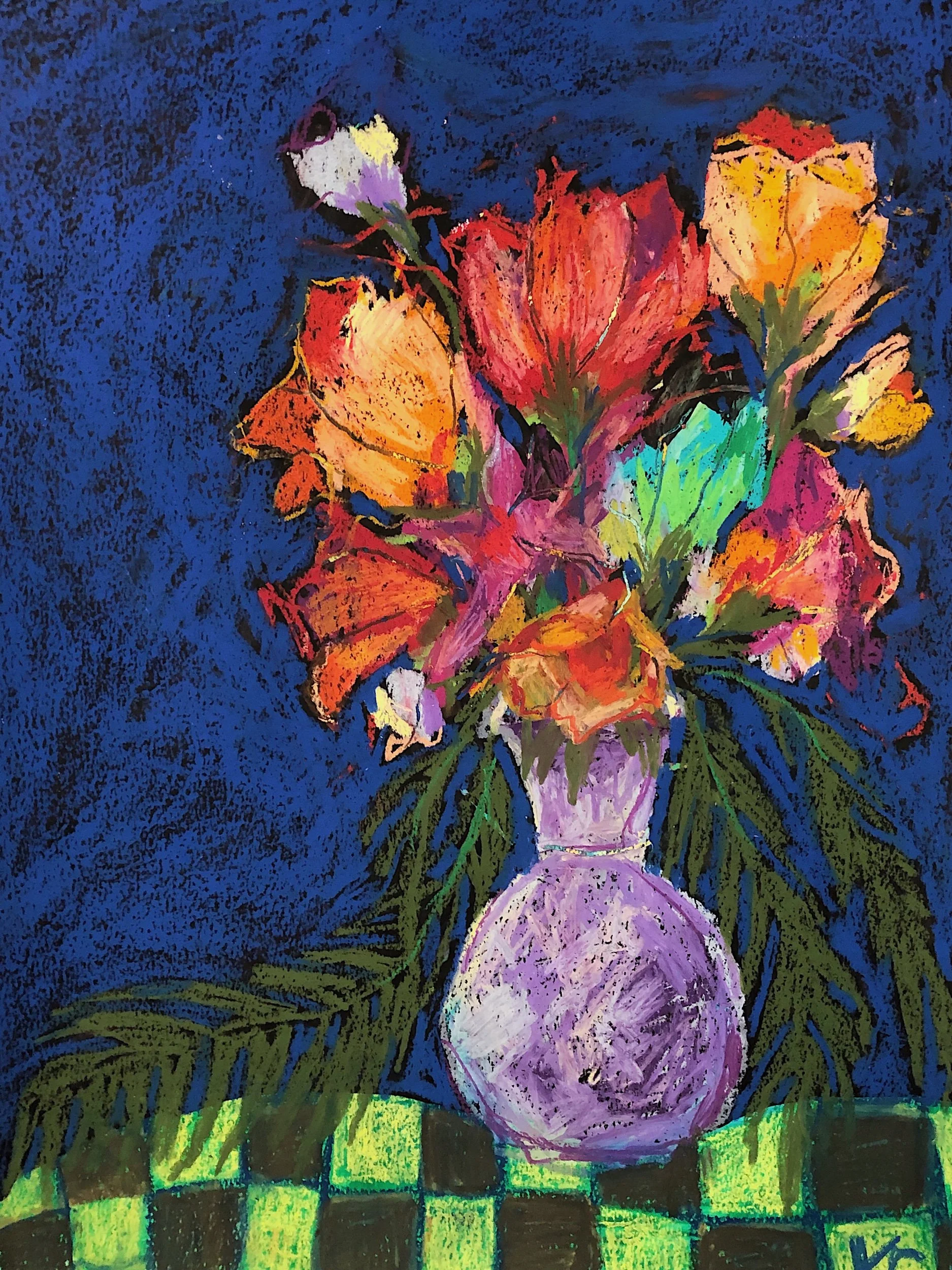 flower vase painting, flower vase oil pastel, colorful flowers wall art poster, colorful painting, los angeles artist, california artist, expressionistic art, impressionistic art